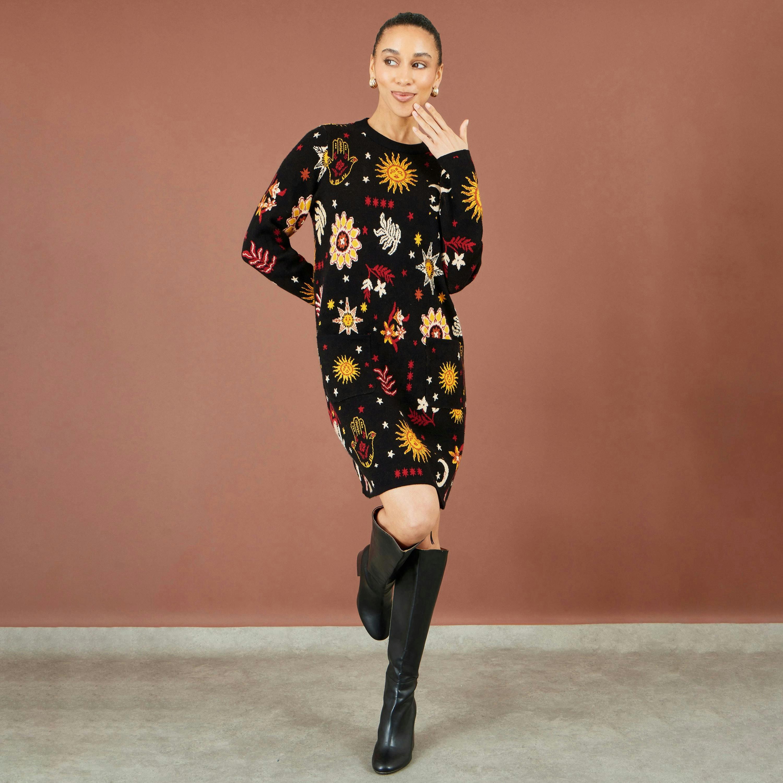 Yumi Black Cosmic Intarsia Knitted Tunic Dress , view 6 of 6