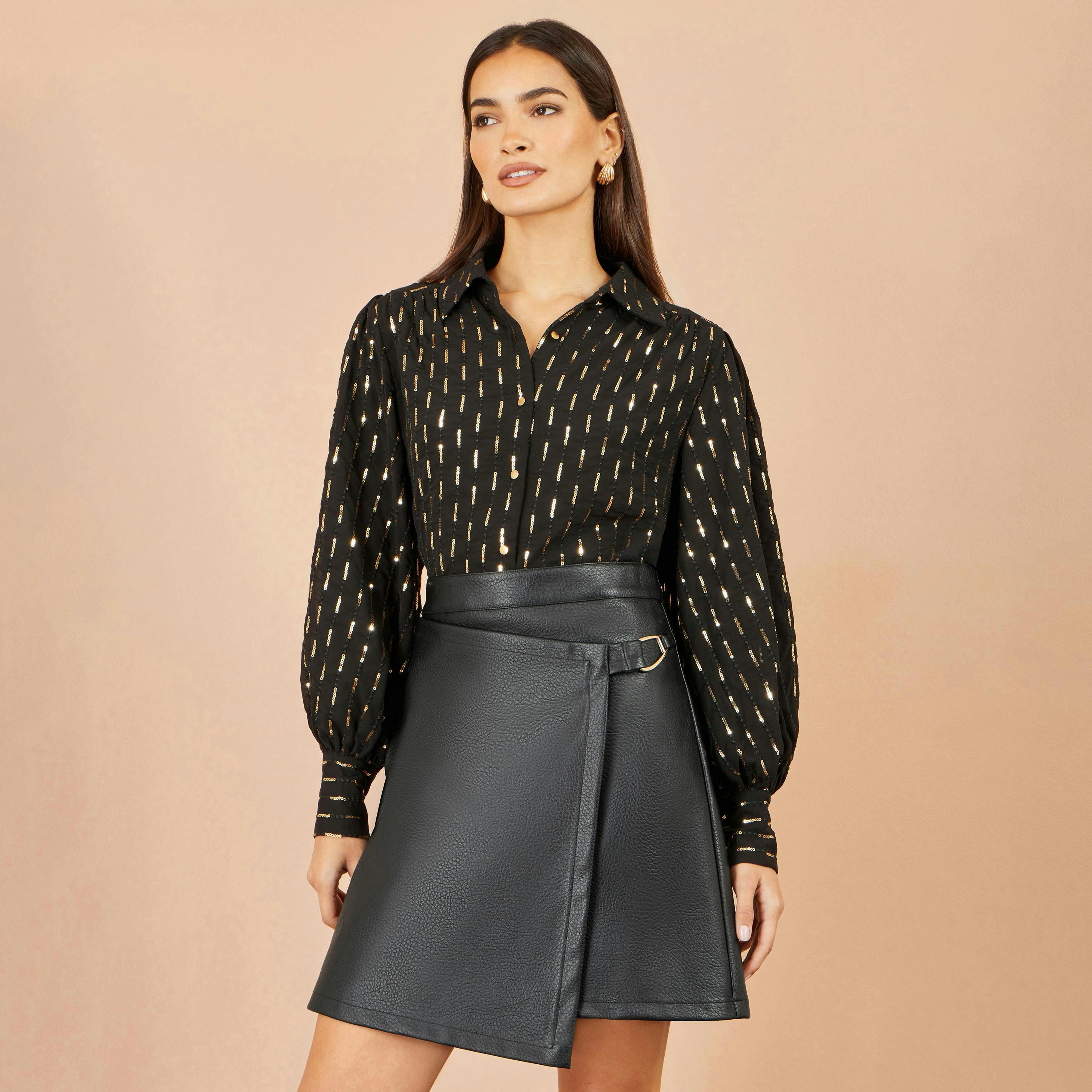 Yumi Black Faux Leather Wrap Skirt , view 2 of 4
