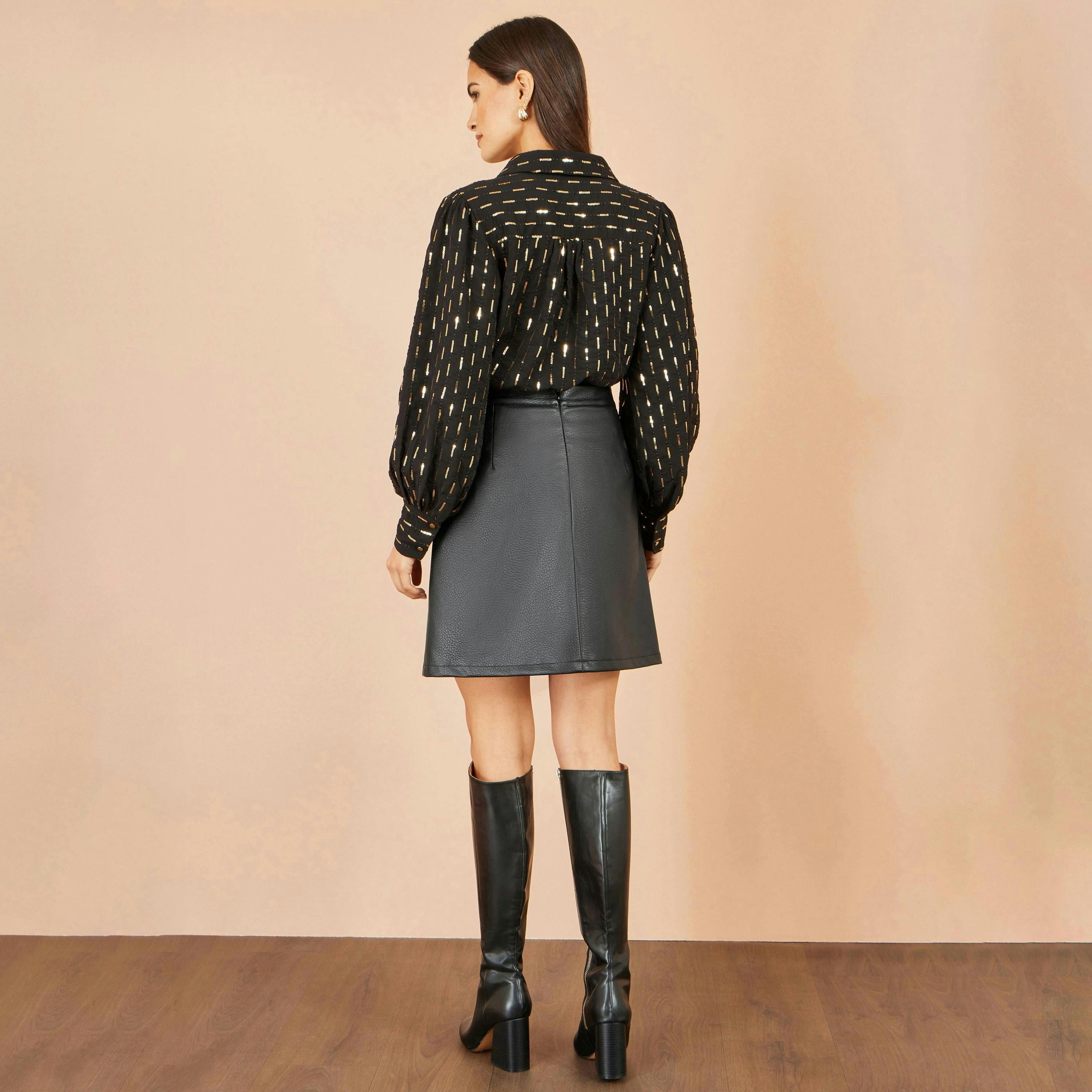Yumi Black Faux Leather Wrap Skirt , view 3 of 4