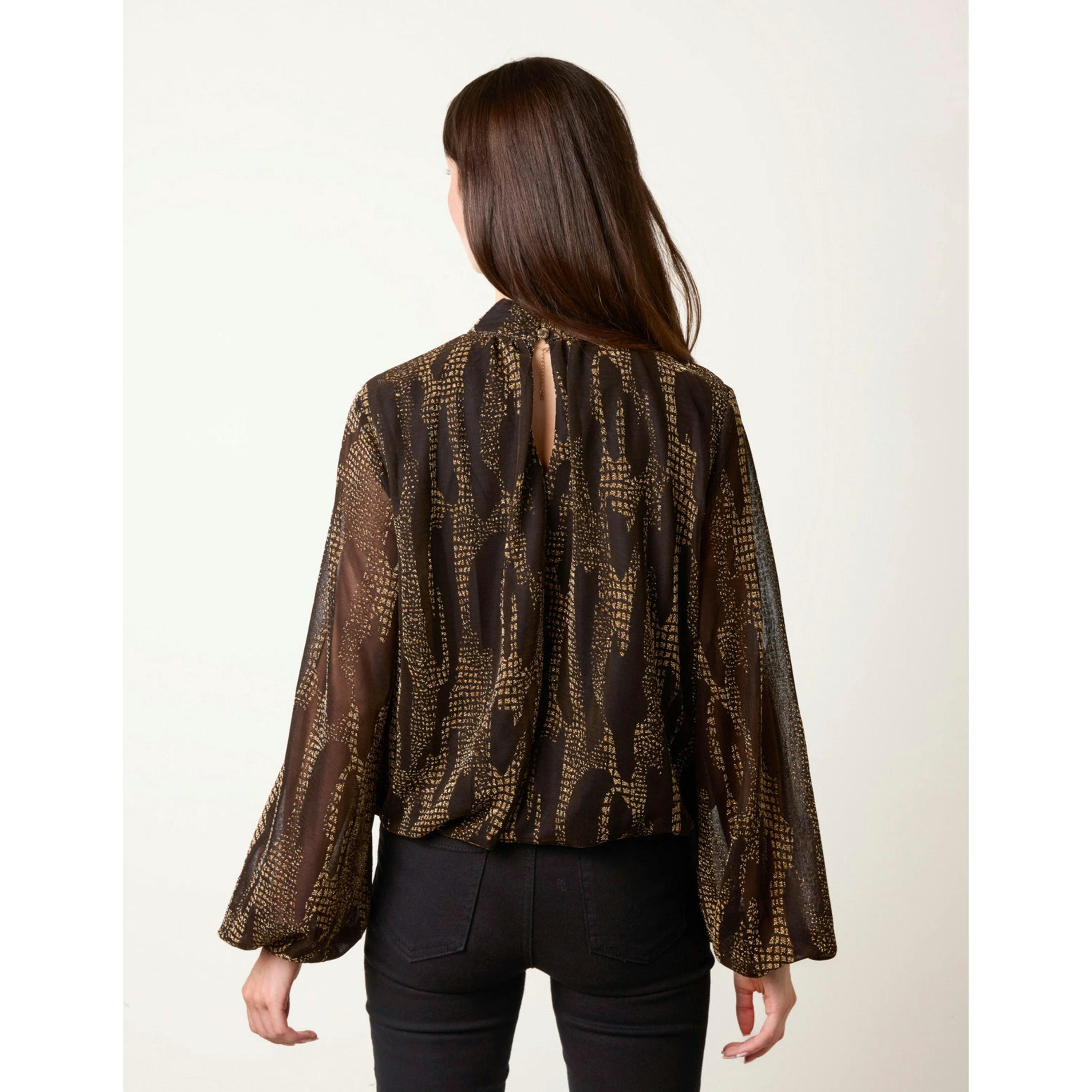 Blue Vanilla Snake High Neck Puff Ball Blouse  in Gold , view 2 of 4