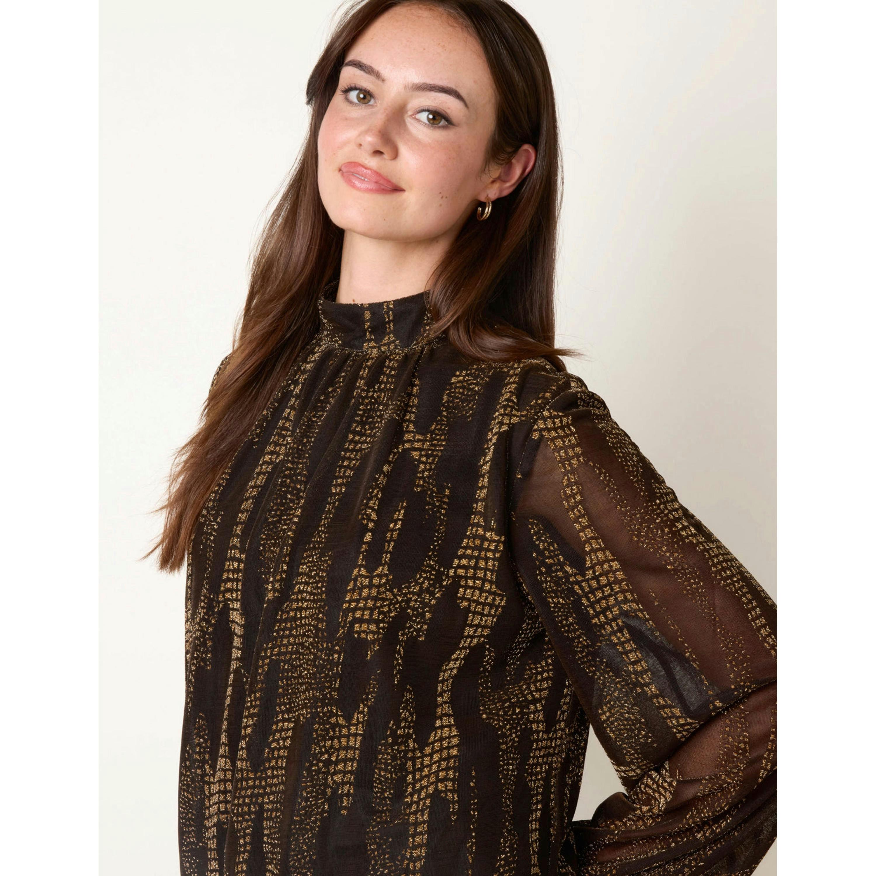 Blue Vanilla Snake High Neck Puff Ball Blouse  in Gold , view 3 of 4