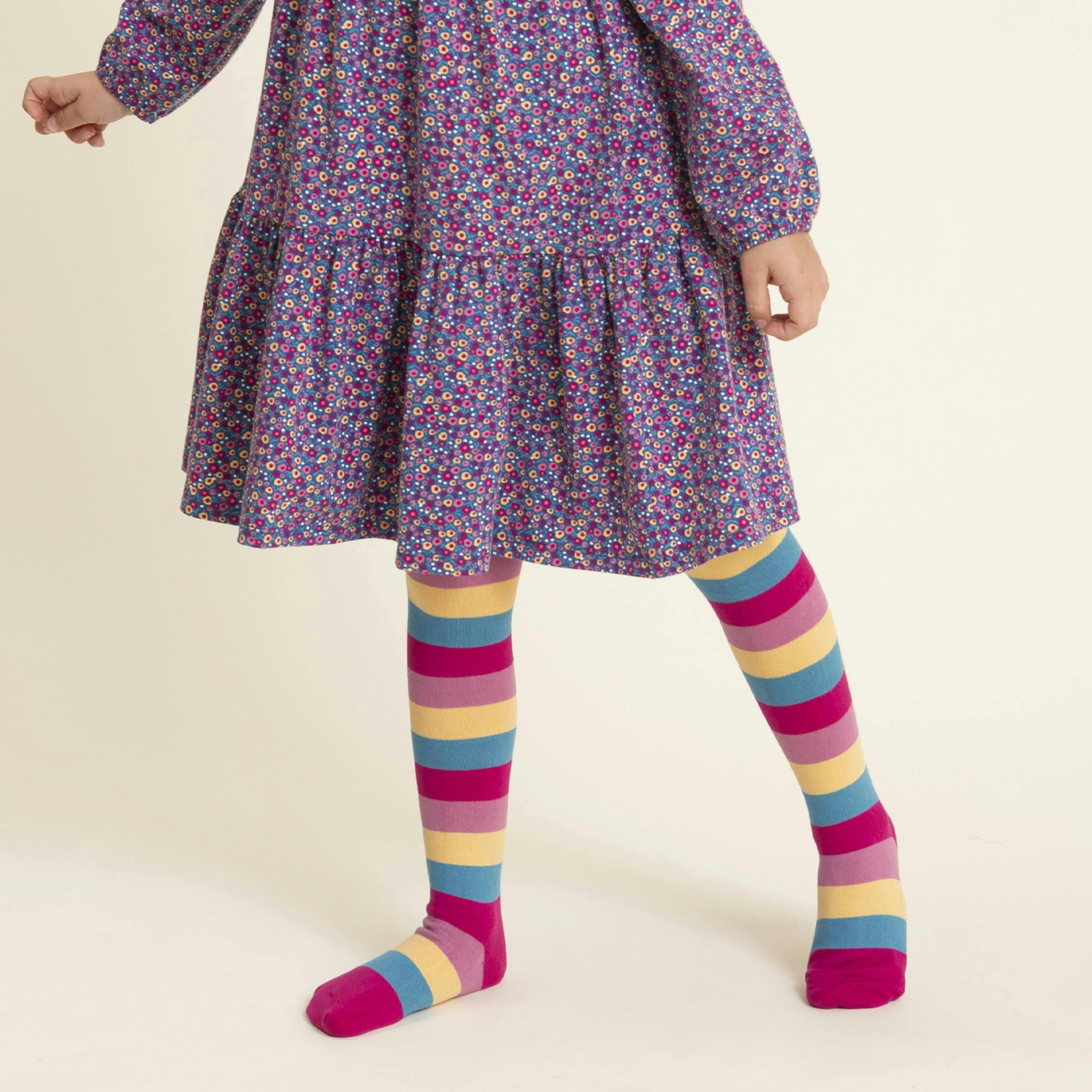 Kids Organic Stripy Tights Heather , view 2 of 4