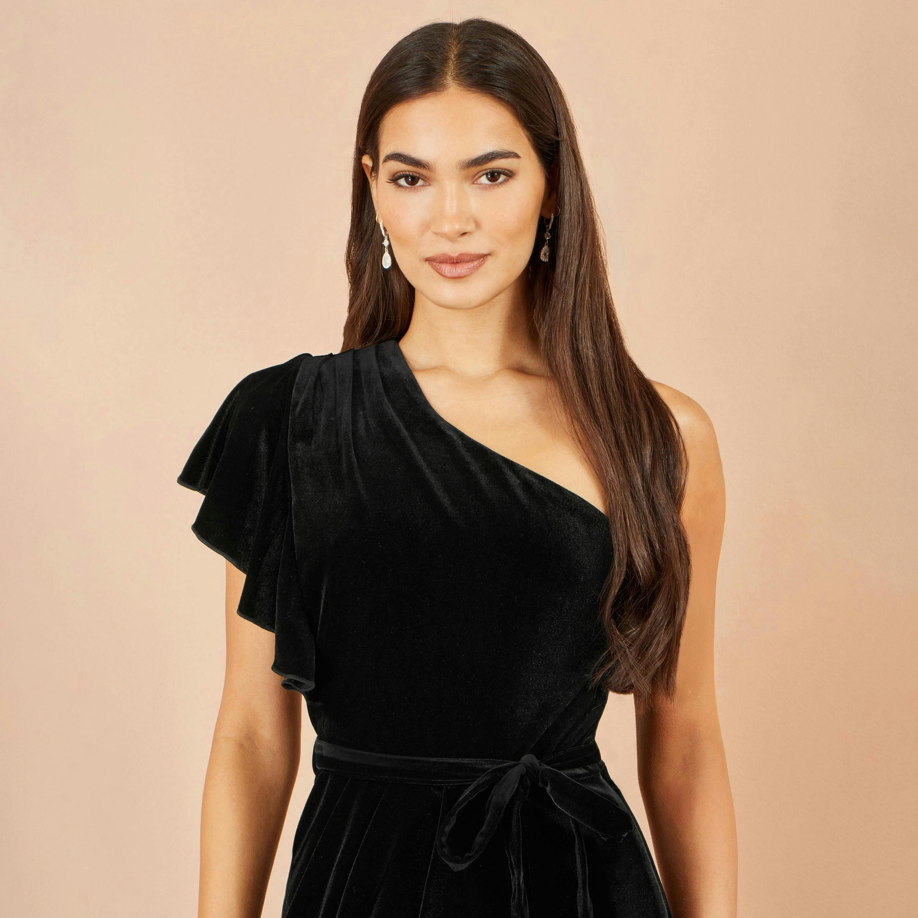 Yumi Black Velvet One Shoulder Midi Dress , view 2 of 3