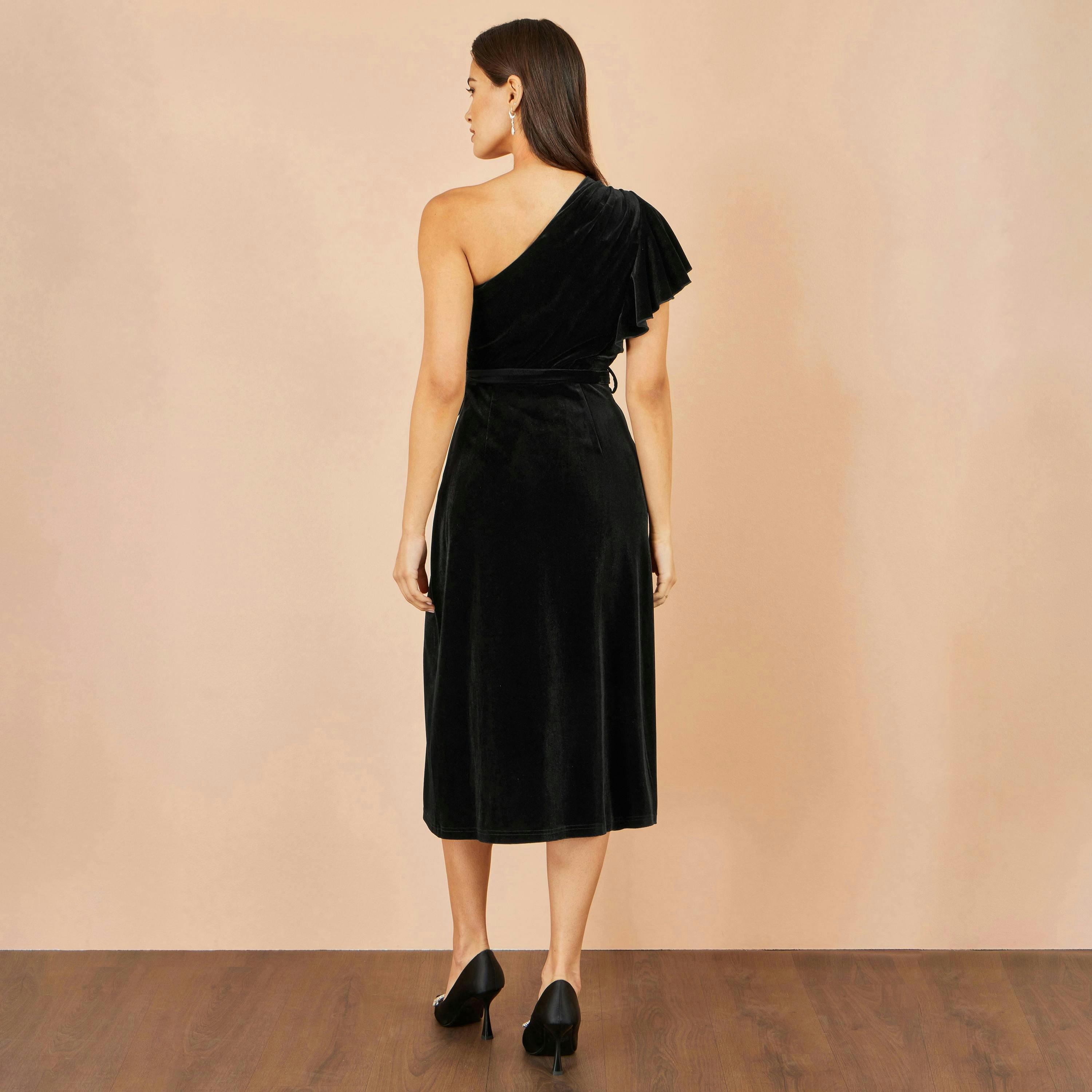 Yumi Black Velvet One Shoulder Midi Dress , view 3 of 3