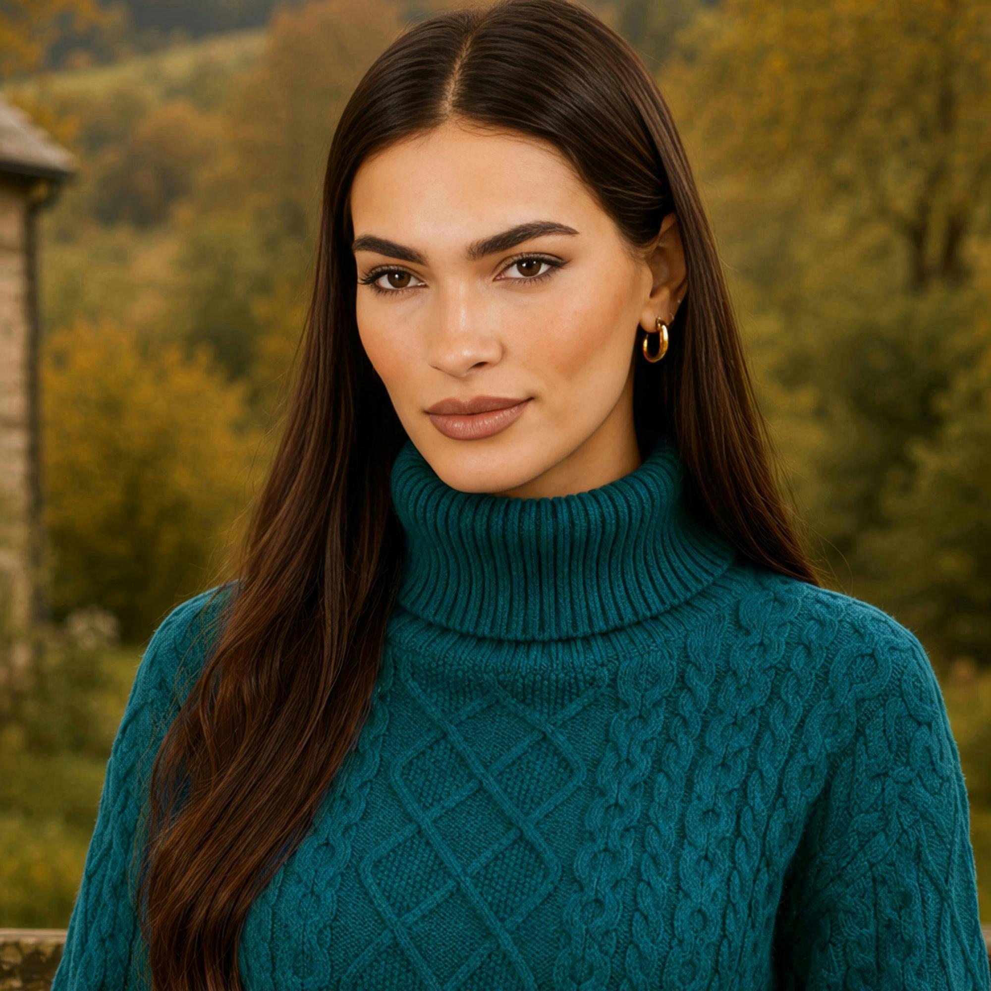 Yumi Teal Cable Knit Roll Neck Jumper , view 2 of 4