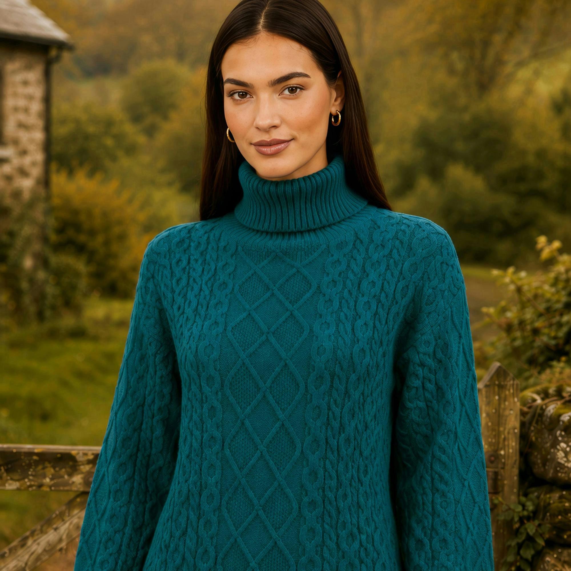 Yumi Teal Cable Knit Roll Neck Jumper , view 3 of 4