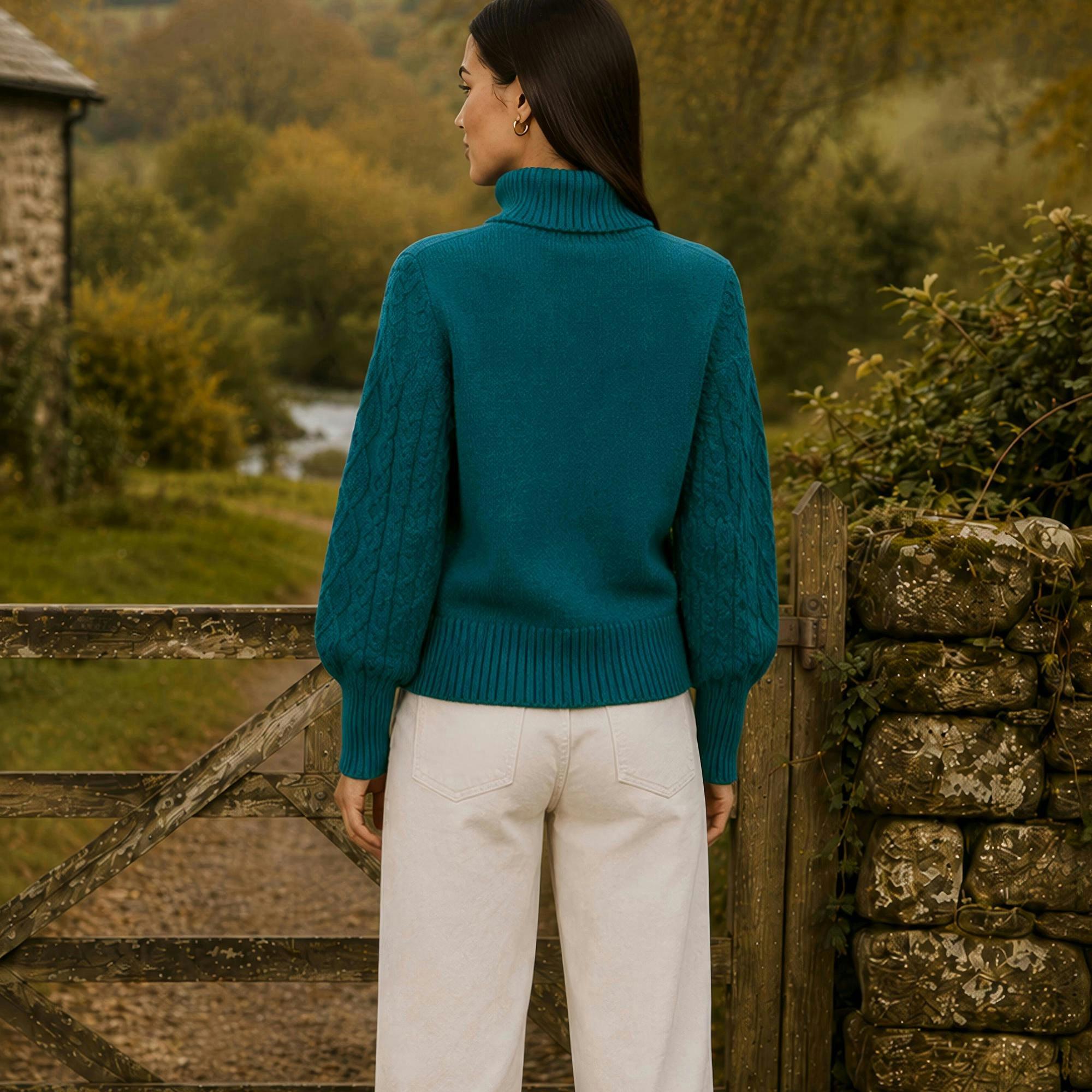 Yumi Teal Cable Knit Roll Neck Jumper , view 4 of 4