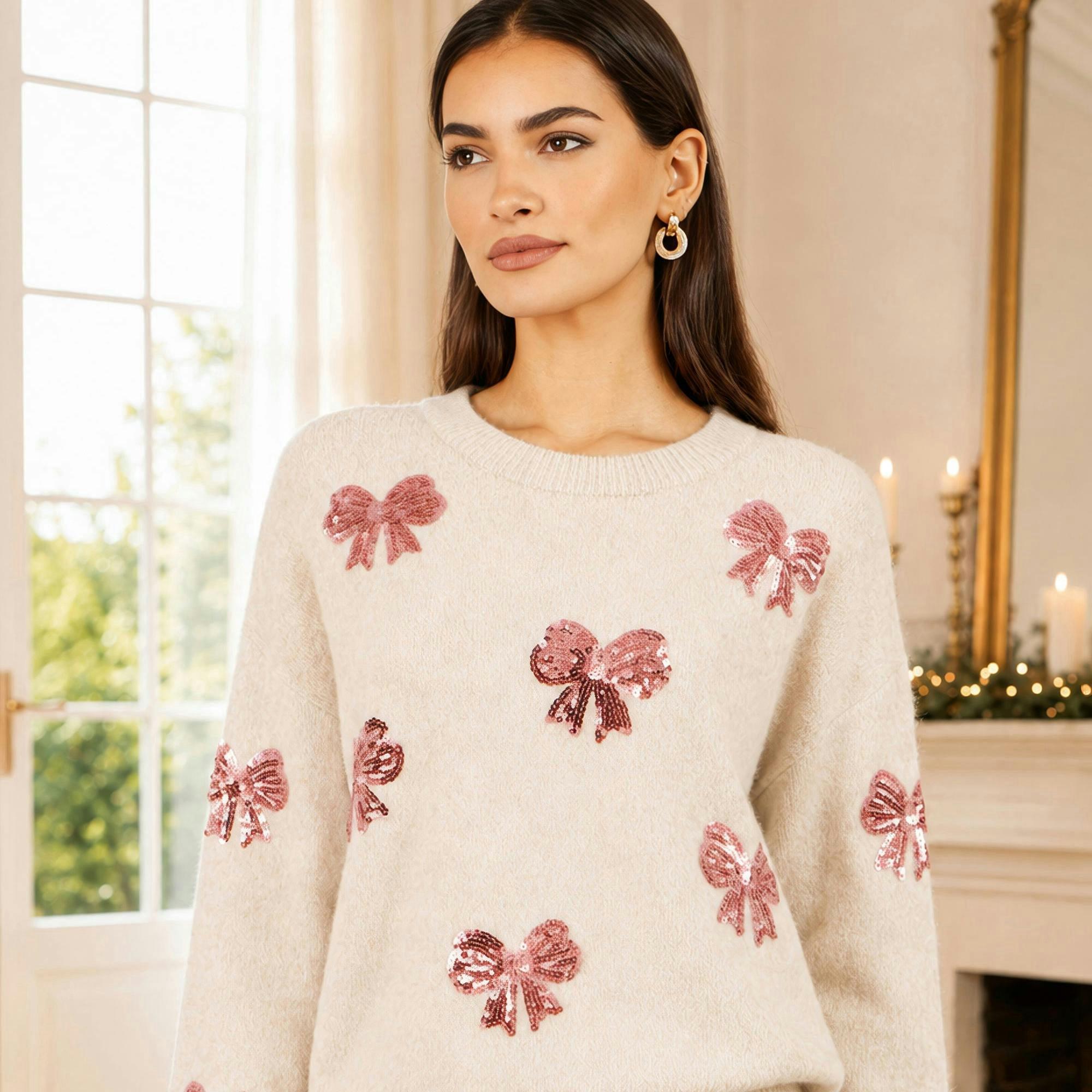 Yumi Ivory Relaxed Jumper With Sequin Bows , view 2 of 4