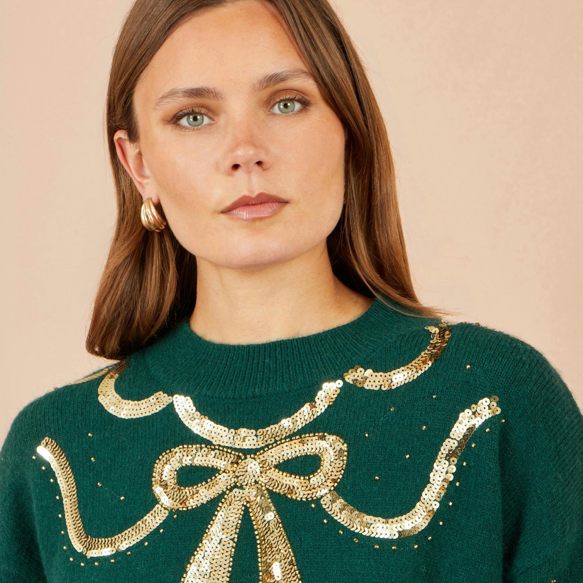 Yumi Green Sequinned Bow Neckline Jumper , view 2 of 3