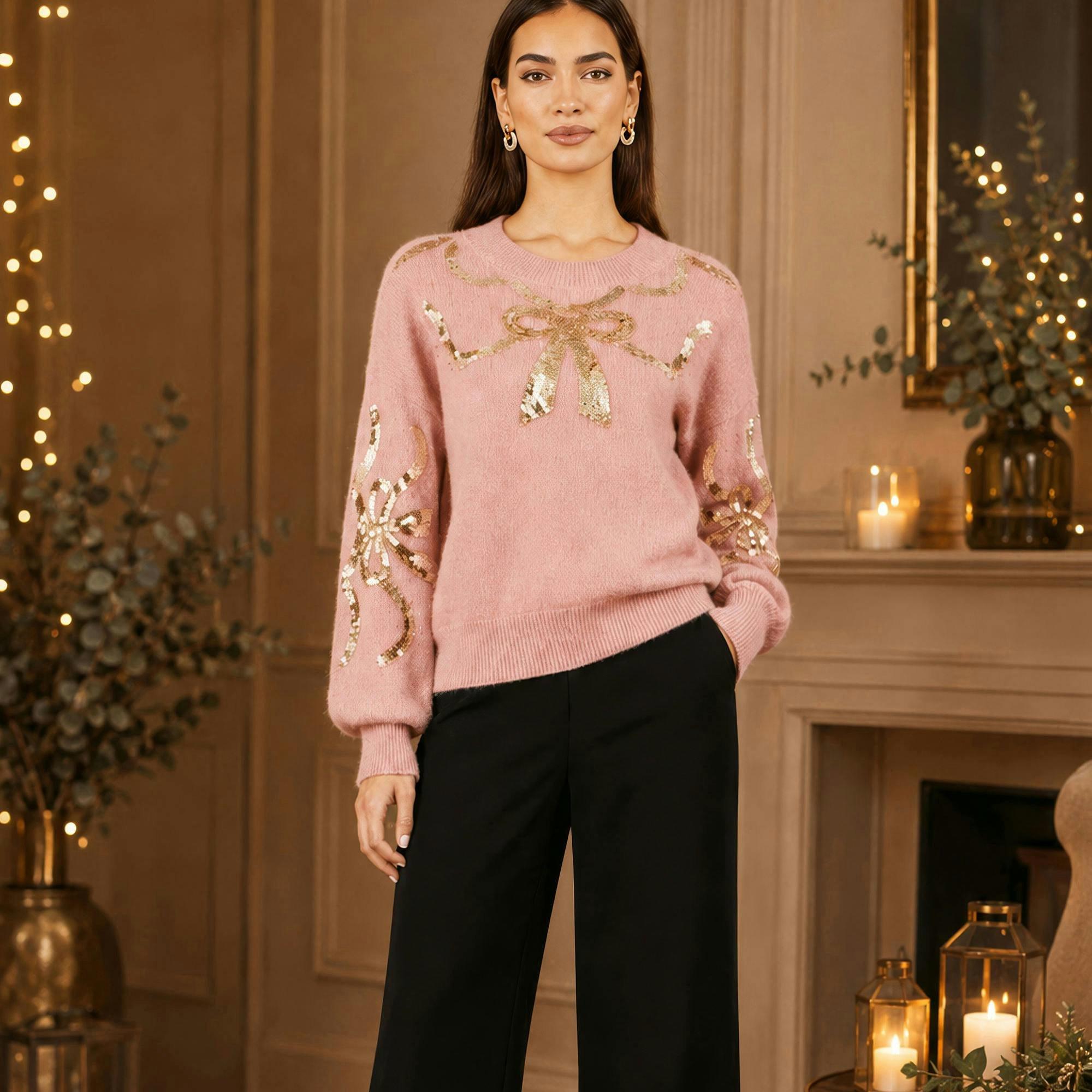 Yumi Pink Sequinned Bow Neckline Jumper , view 2 of 4