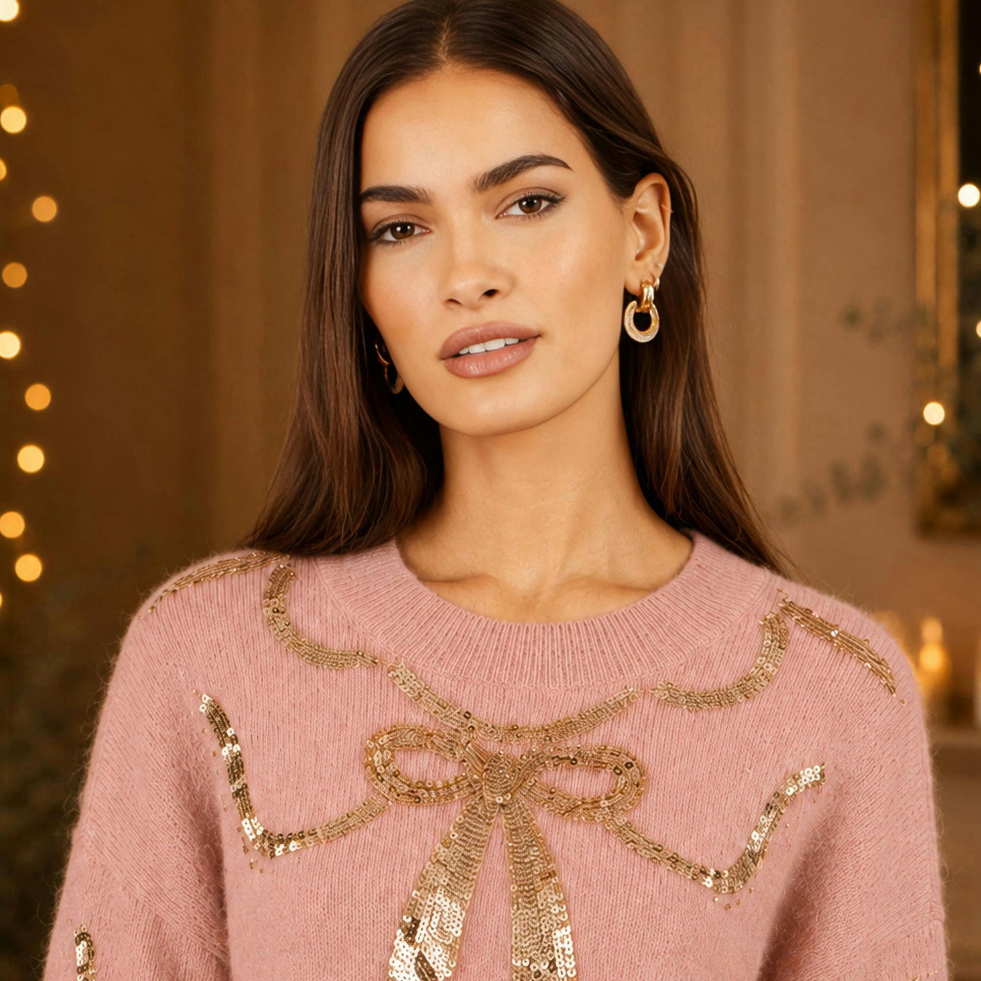 Yumi Pink Sequinned Bow Neckline Jumper , view 3 of 4