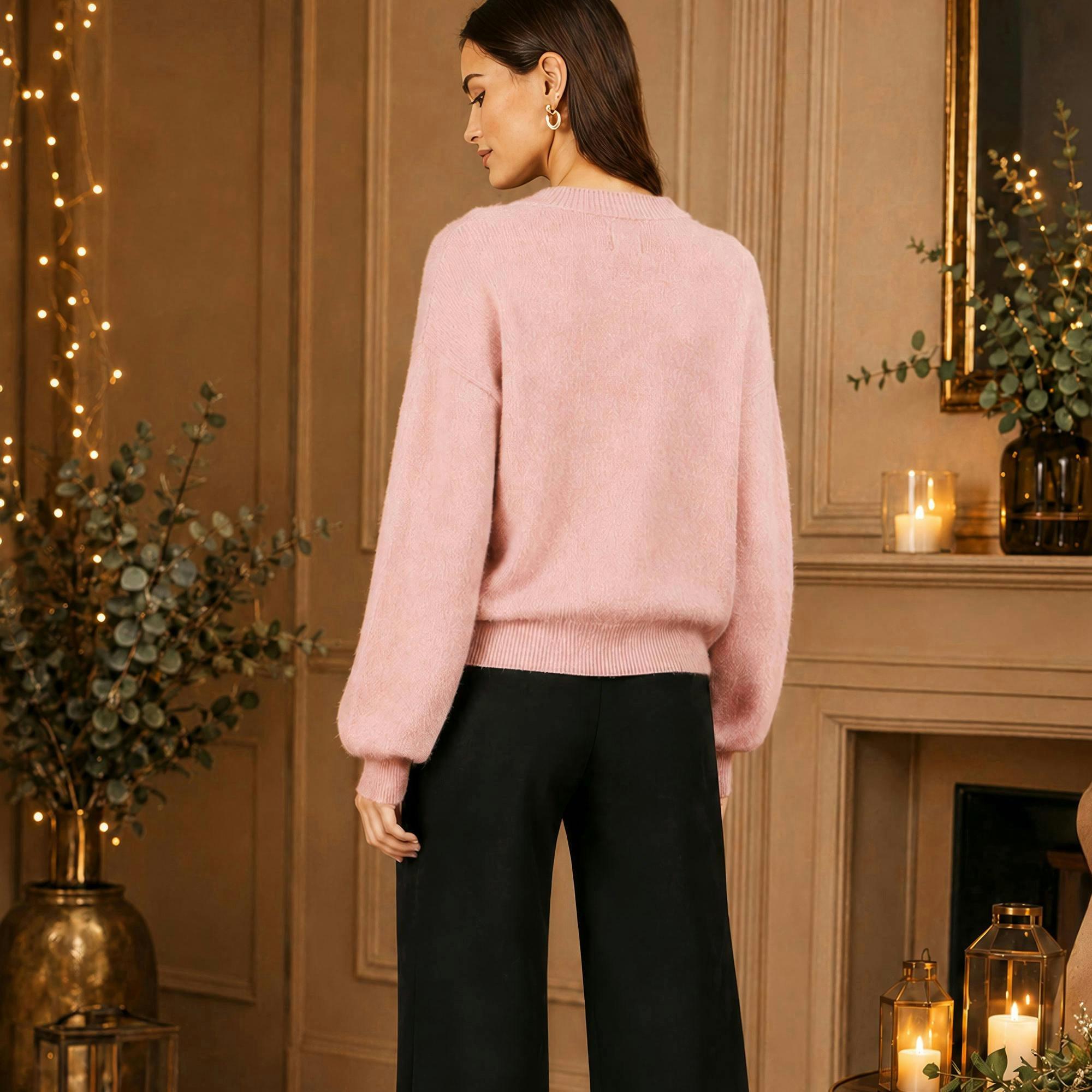 Yumi Pink Sequinned Bow Neckline Jumper , view 4 of 4