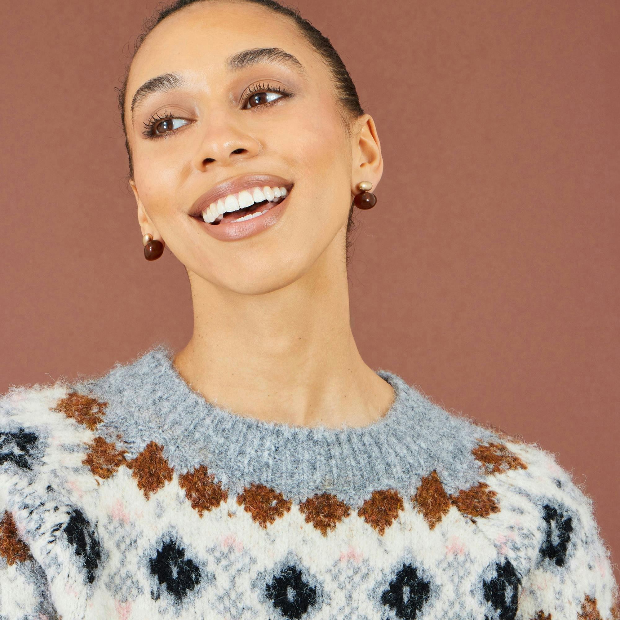 Yumi Grey Fairisle Wool Blend Relaxed Jumper , view 2 of 6