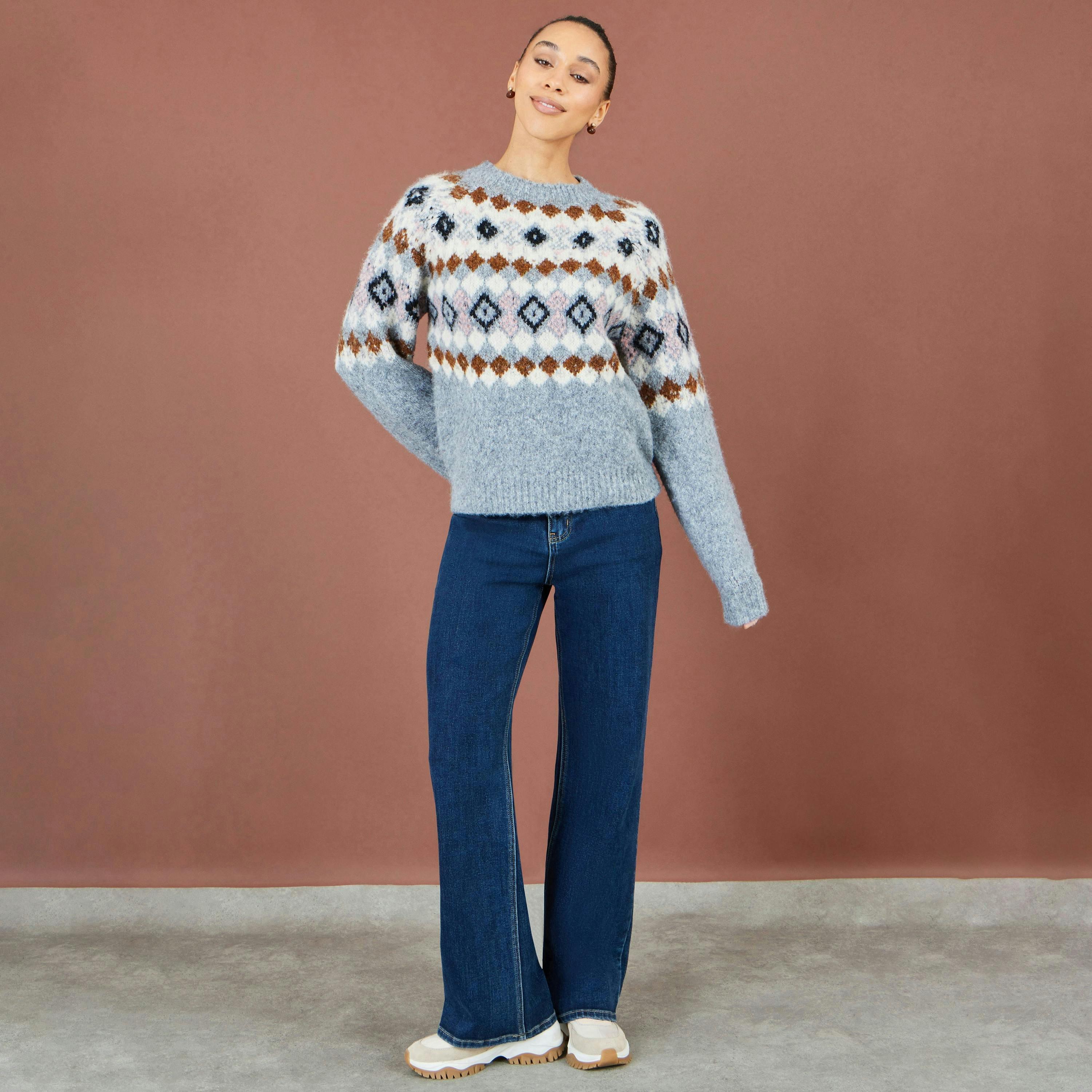 Yumi Grey Fairisle Wool Blend Relaxed Jumper , view 3 of 6