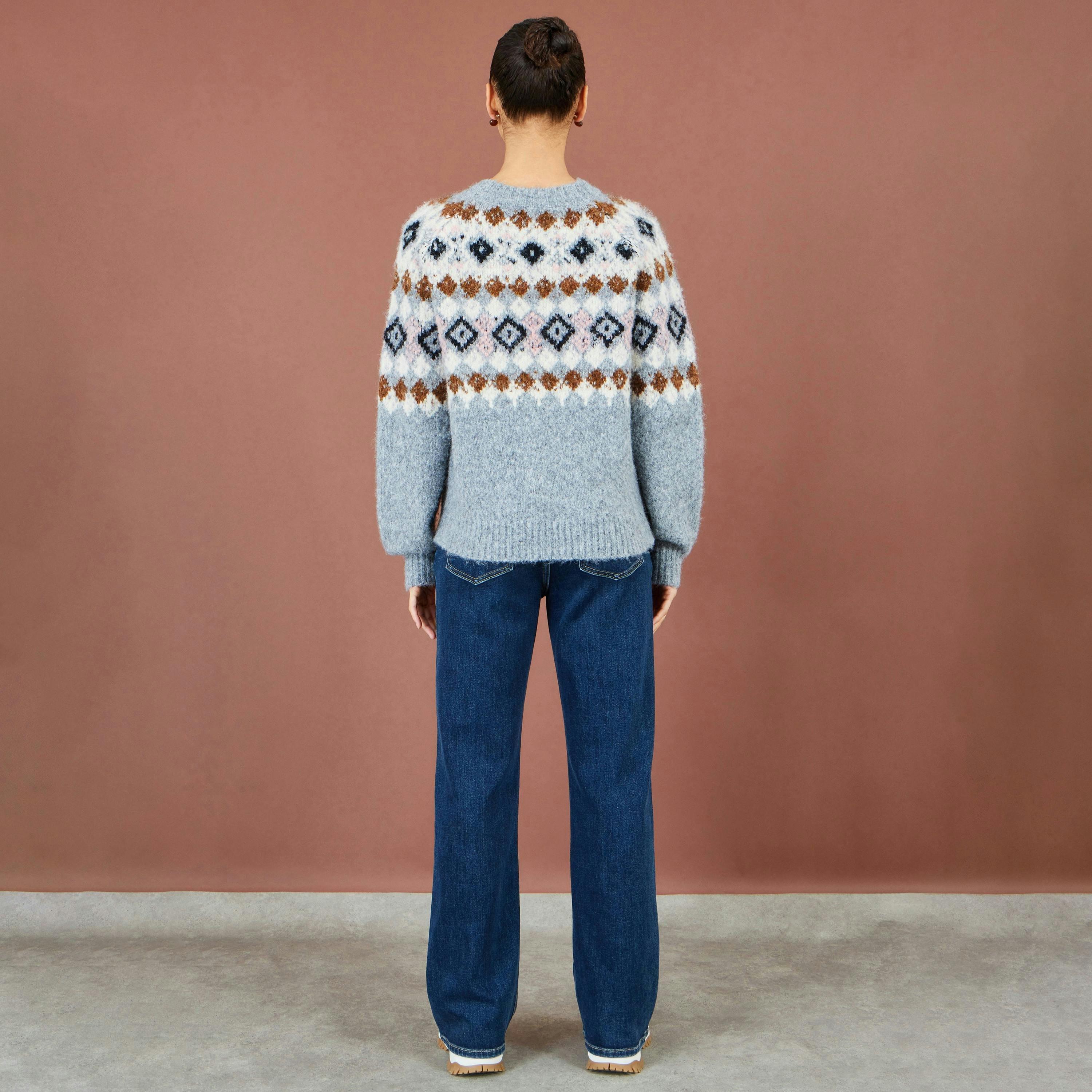 Yumi Grey Fairisle Wool Blend Relaxed Jumper , view 5 of 6