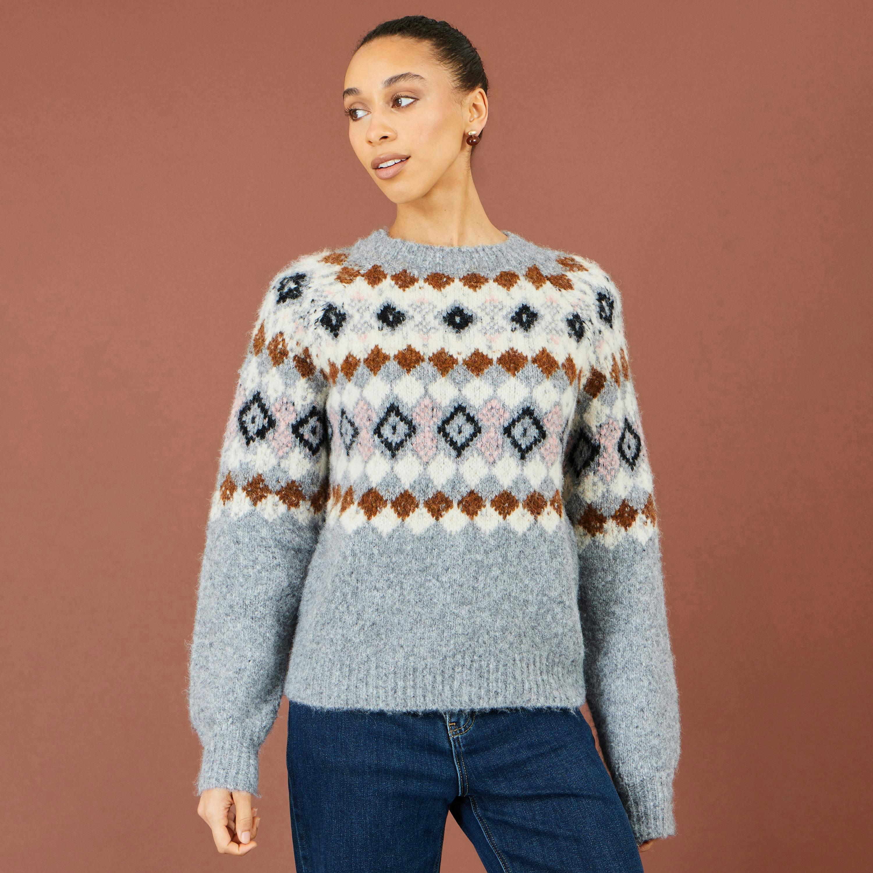 Yumi Grey Fairisle Wool Blend Relaxed Jumper , view 6 of 6