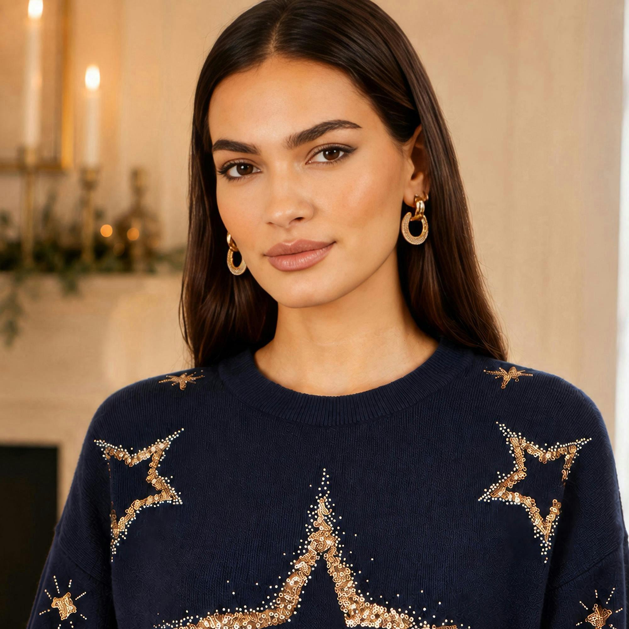 Yumi Navy Viscose Star Sequin Relaxed Jumper , view 2 of 4