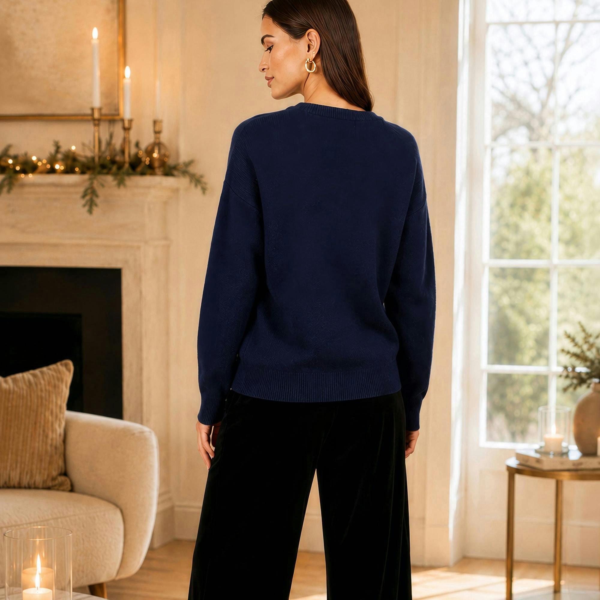 Yumi Navy Viscose Star Sequin Relaxed Jumper , view 3 of 4