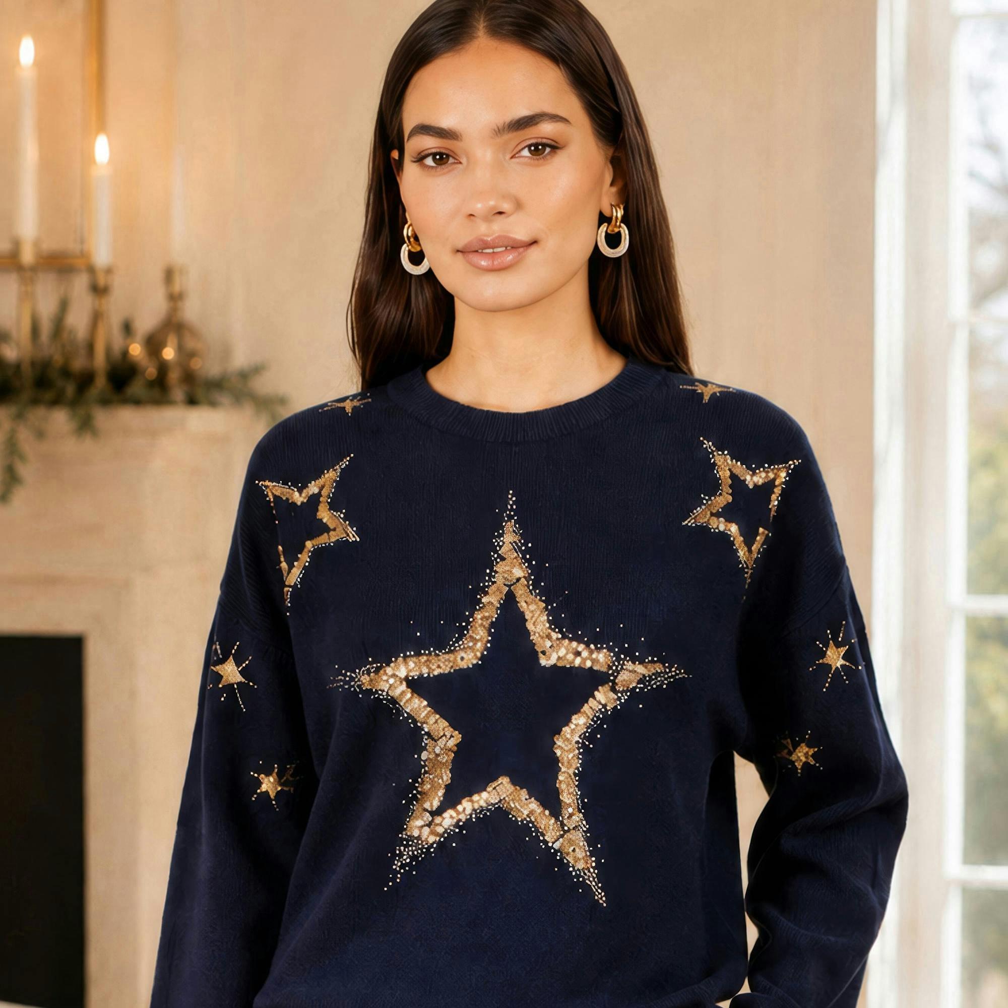 Yumi Navy Viscose Star Sequin Relaxed Jumper , view 4 of 4