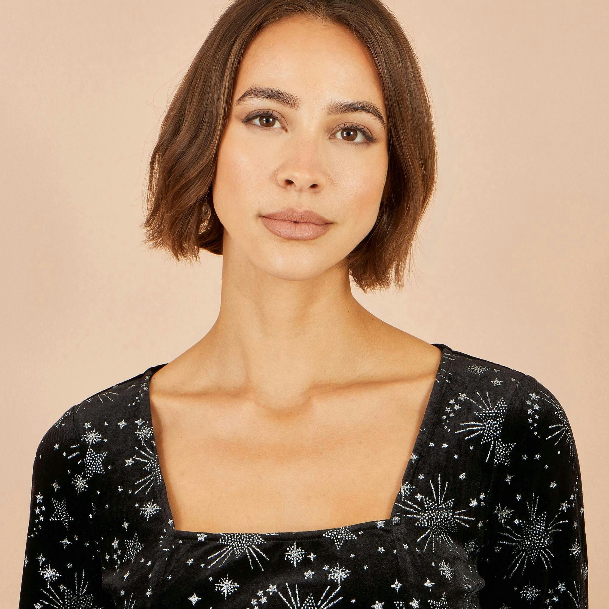 Yumi Black Starburst Foil Print Long Sleeve Skater Dress , view 3 of 5
