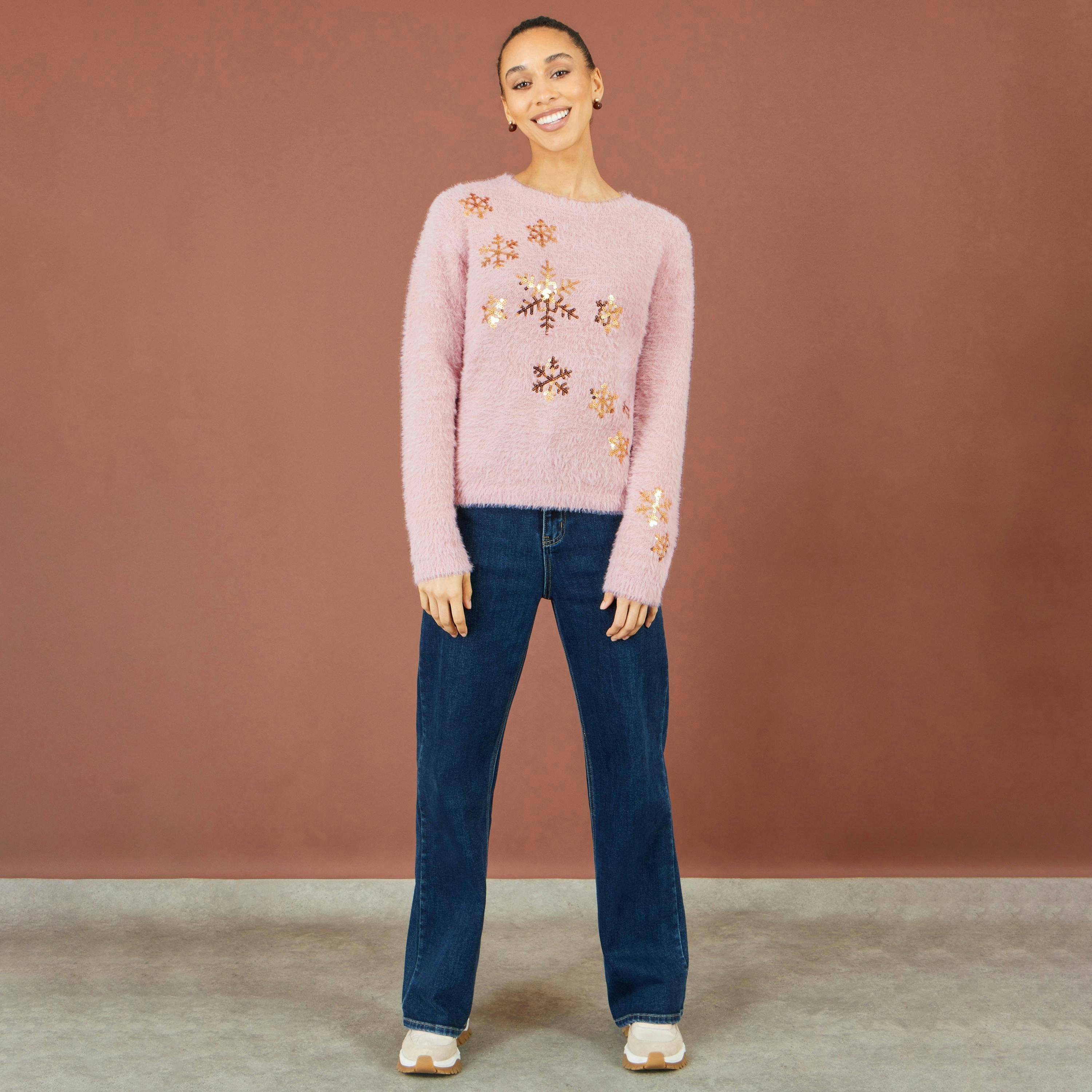 Yumi Pink Sequin Snowflake Fluffy Jumper , view 2 of 6