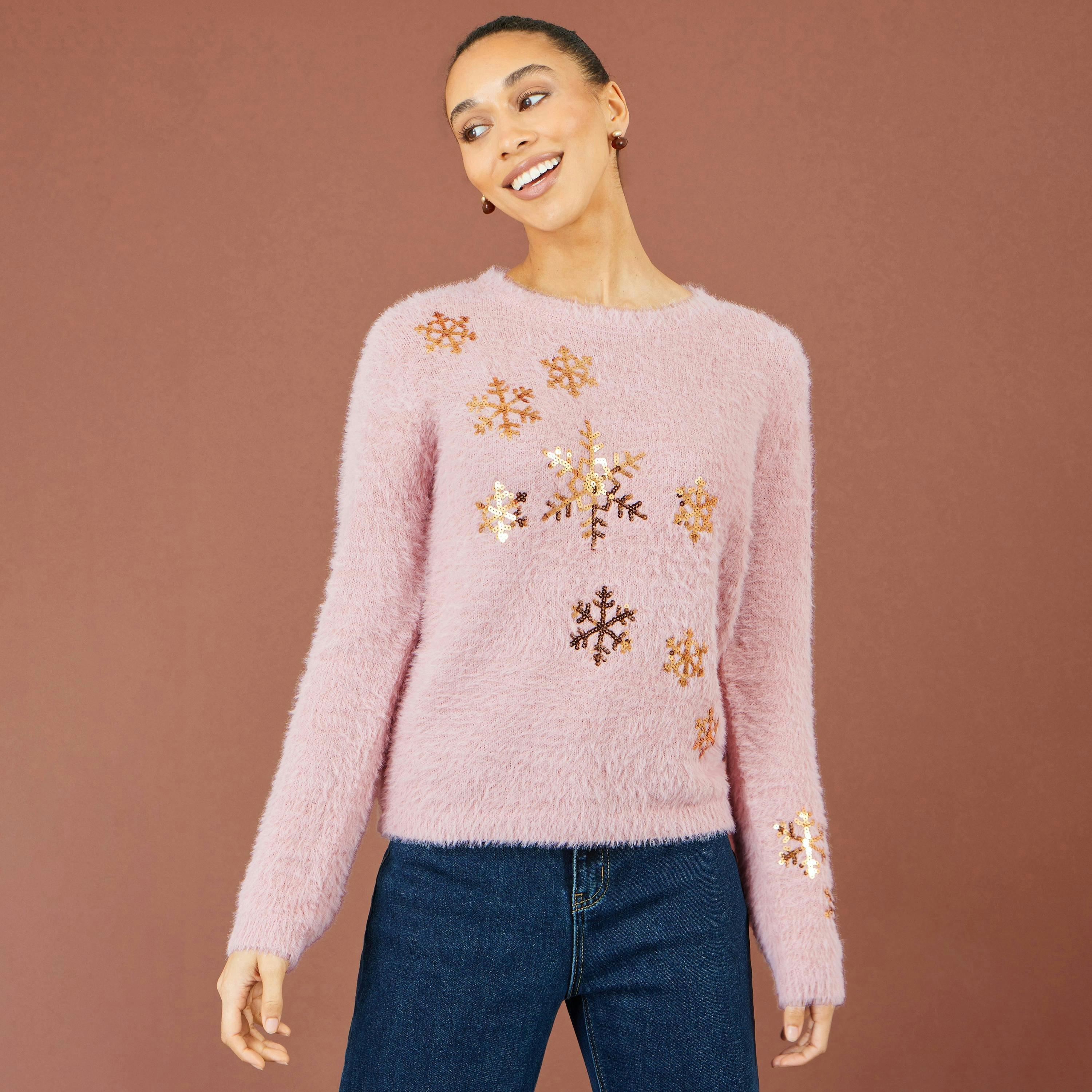 Yumi Pink Sequin Snowflake Fluffy Jumper , view 3 of 6
