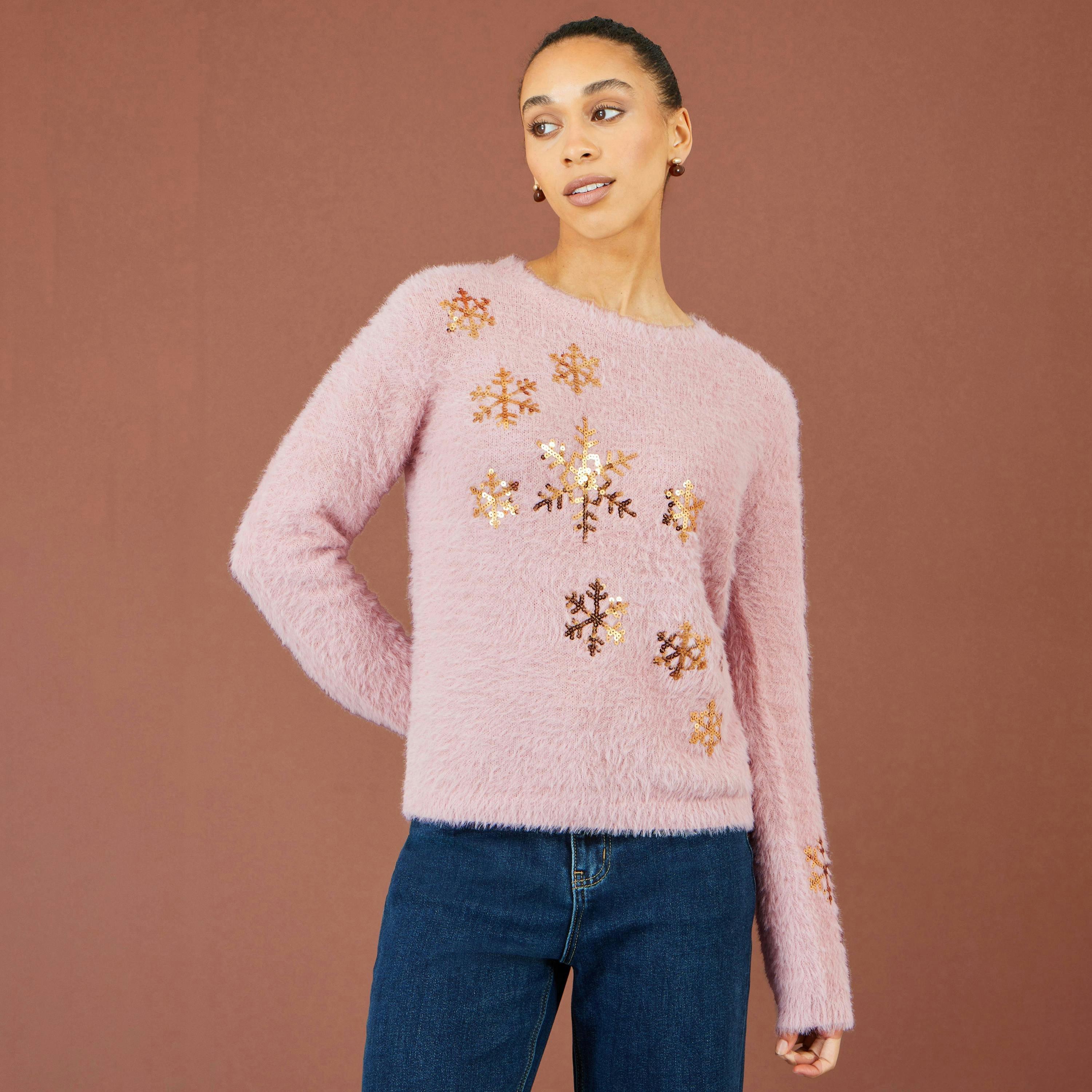 Yumi Pink Sequin Snowflake Fluffy Jumper , view 4 of 6