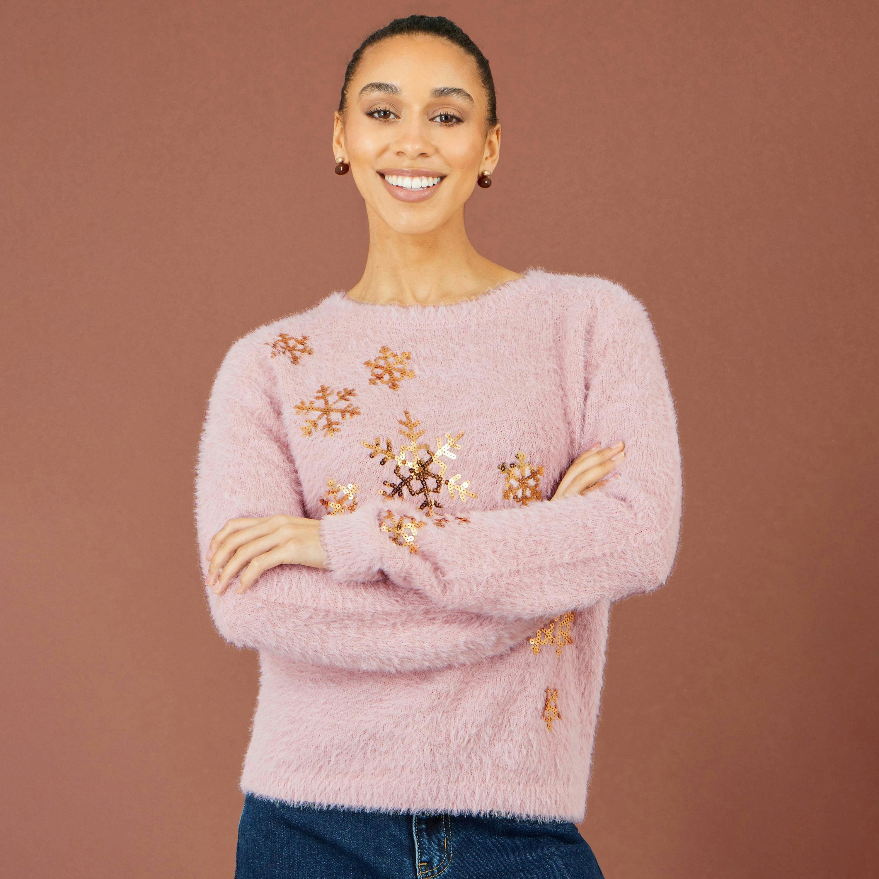 Yumi Pink Sequin Snowflake Fluffy Jumper , view 5 of 6