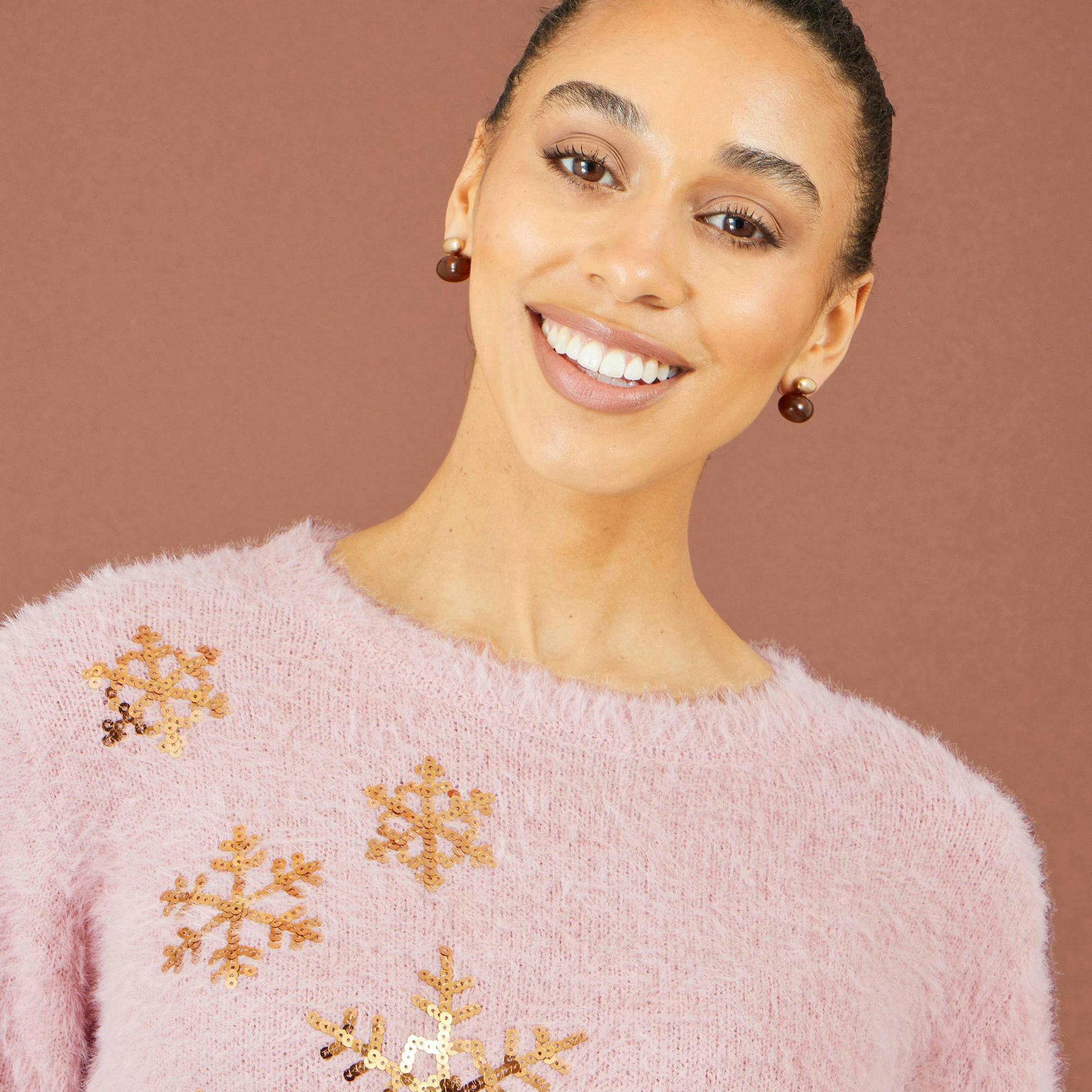 Yumi Pink Sequin Snowflake Fluffy Jumper , view 6 of 6