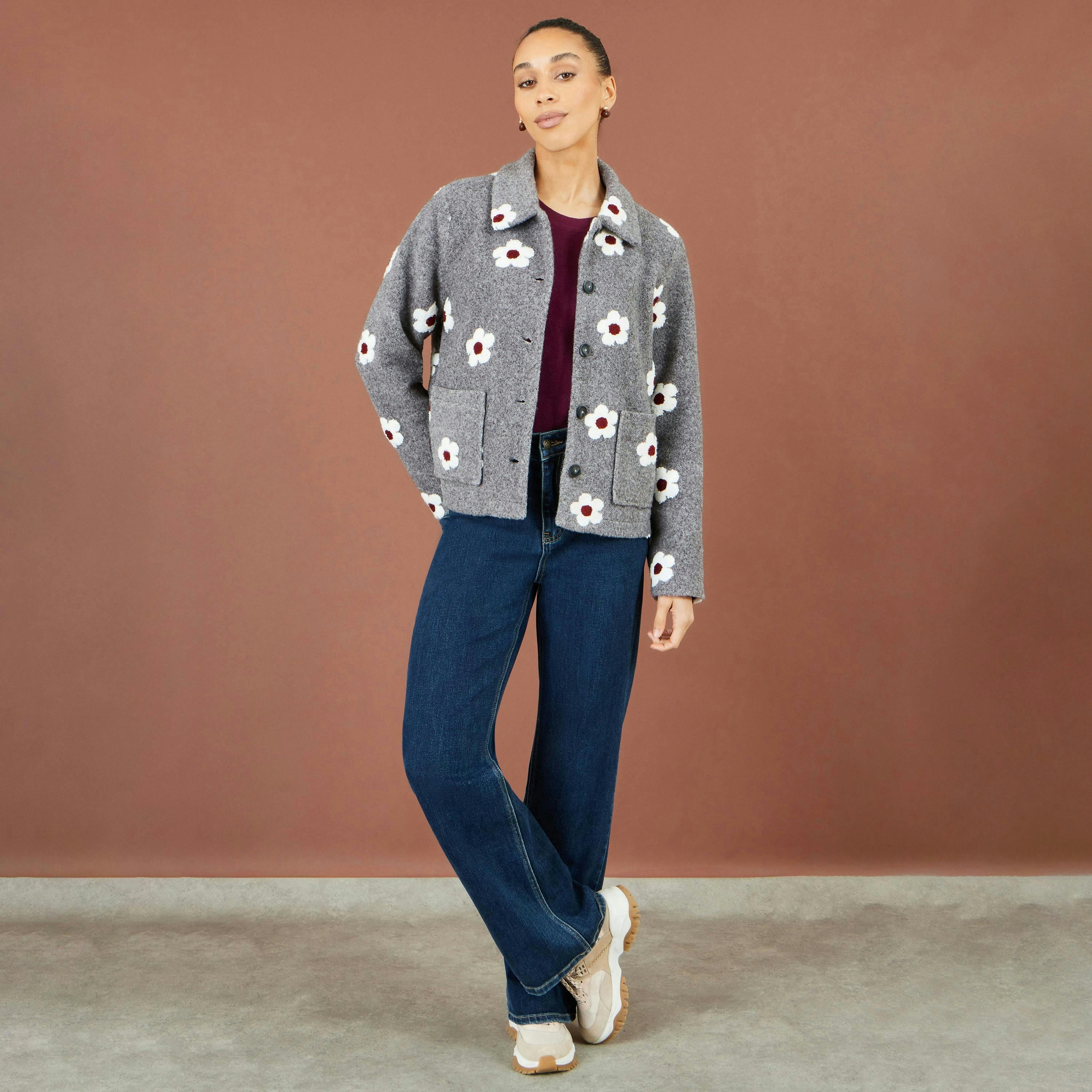 Yumi Grey Embroidered Daisy Fleece Jacket , view 2 of 5