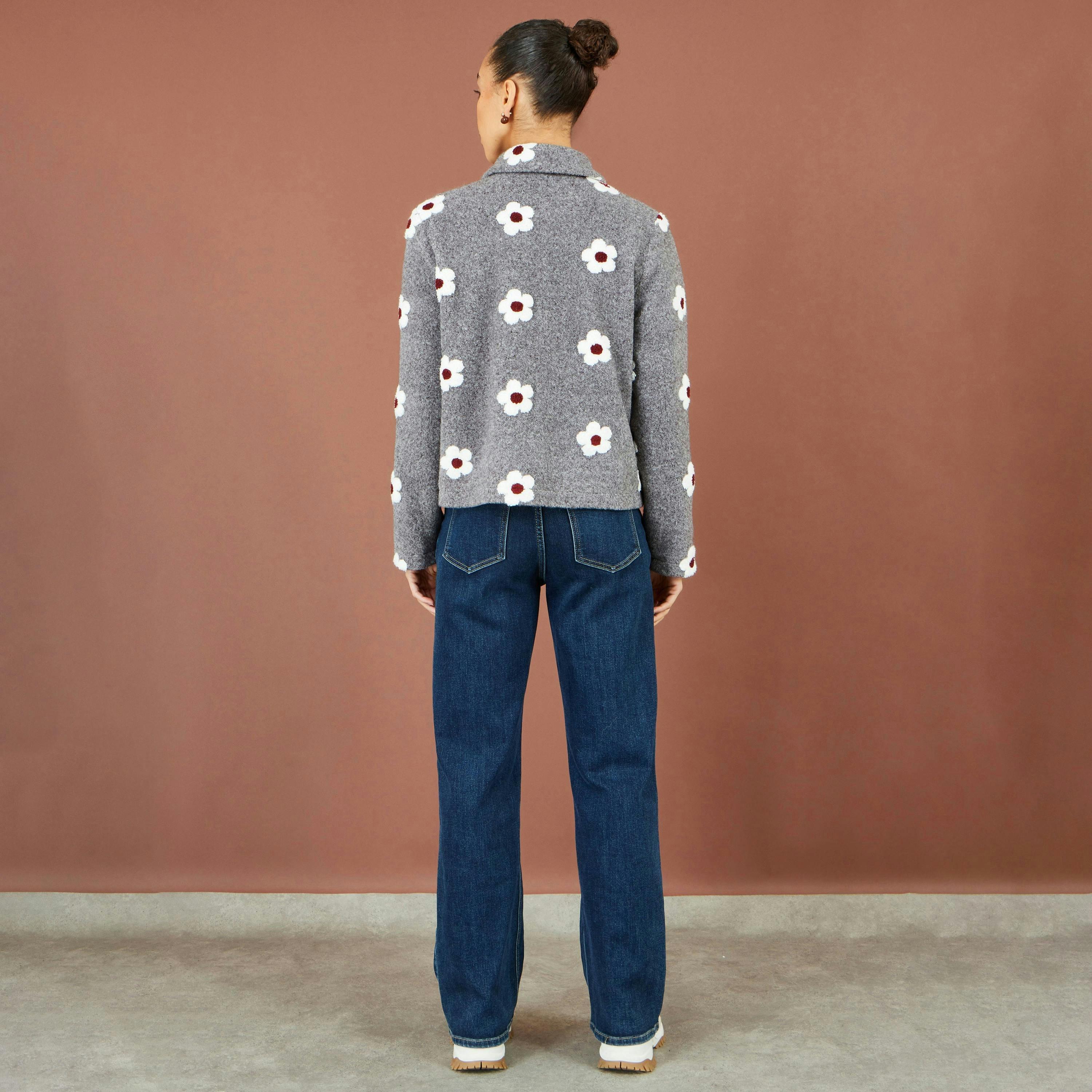 Yumi Grey Embroidered Daisy Fleece Jacket , view 3 of 5
