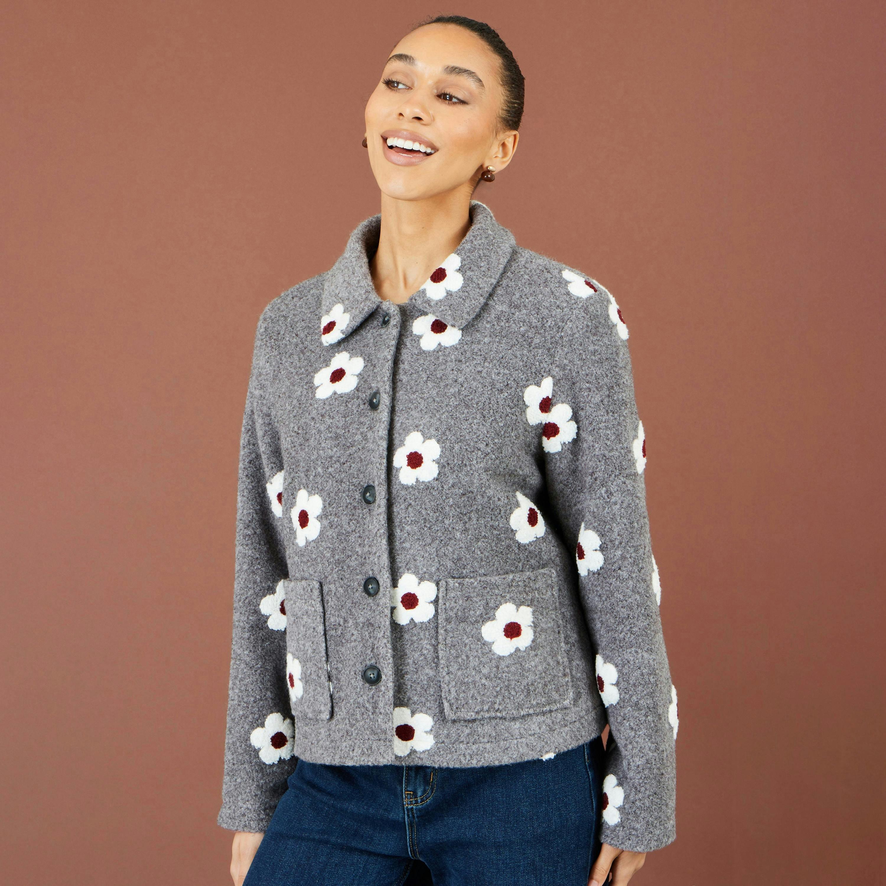 Yumi Grey Embroidered Daisy Fleece Jacket , view 4 of 5