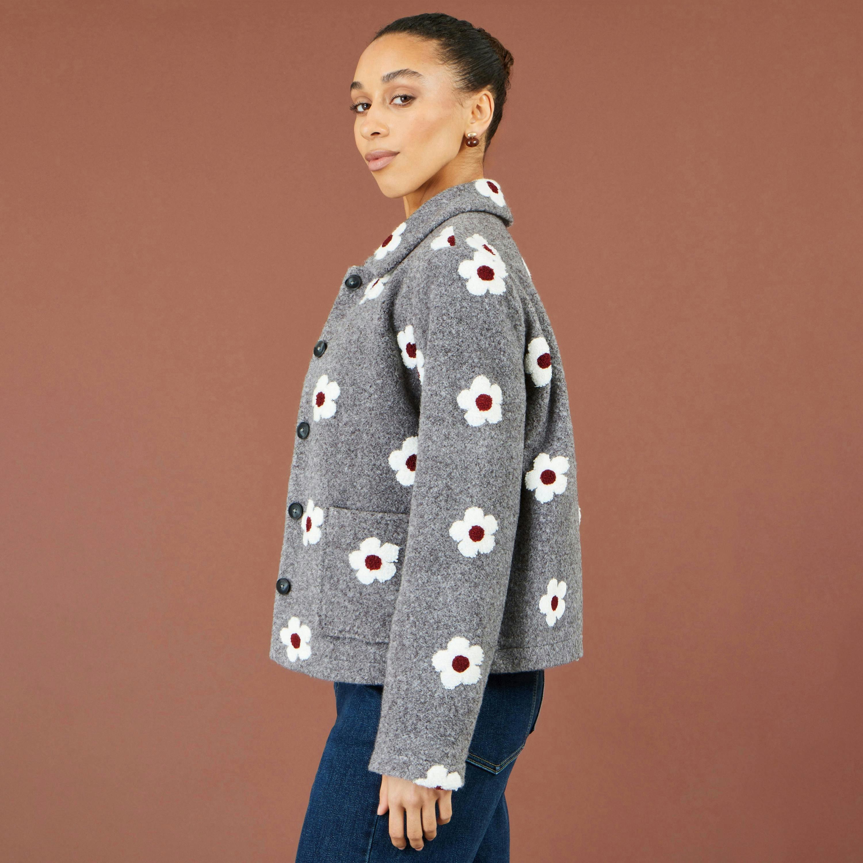 Yumi Grey Embroidered Daisy Fleece Jacket , view 5 of 5