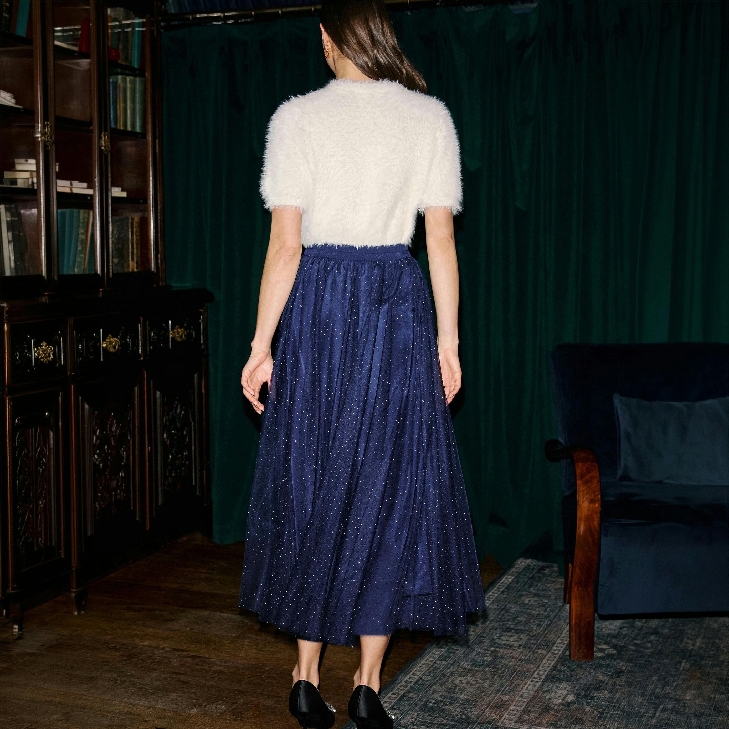 Yumi Navy Diamonte Tulle Midi Skirt , view 2 of 5