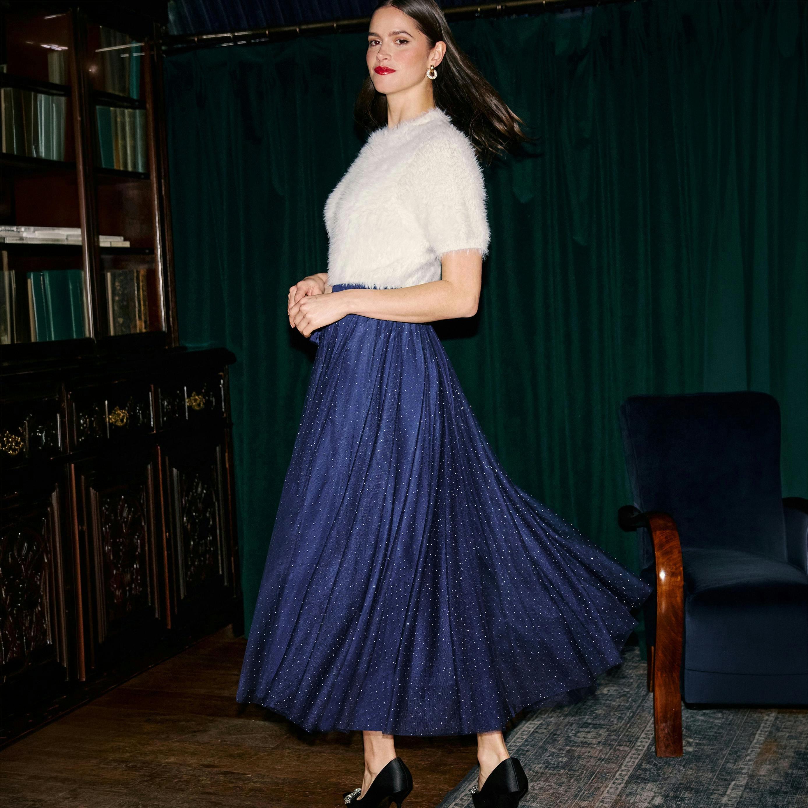 Yumi Navy Diamonte Tulle Midi Skirt , view 3 of 5