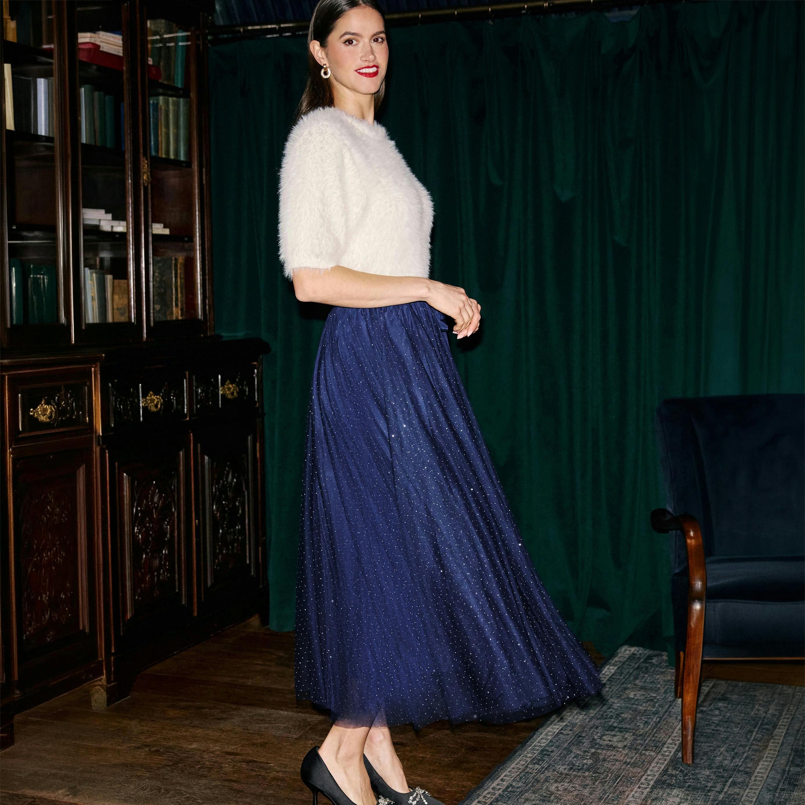 Yumi Navy Diamonte Tulle Midi Skirt , view 4 of 5