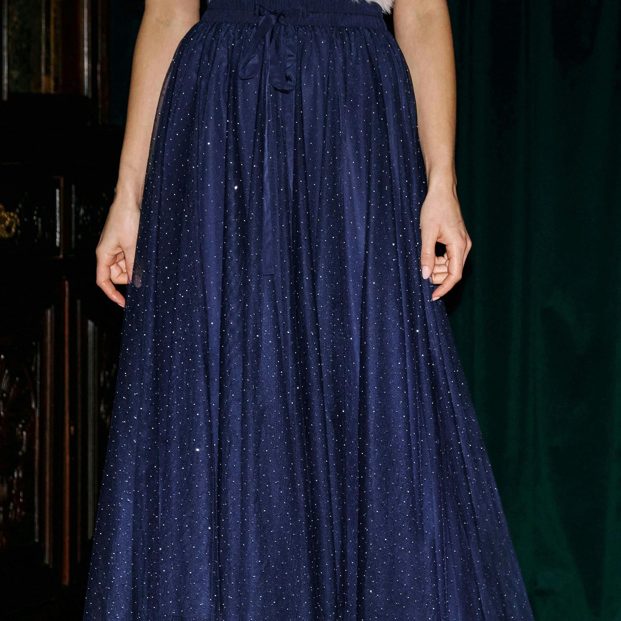 Yumi Navy Diamonte Tulle Midi Skirt , view 5 of 5