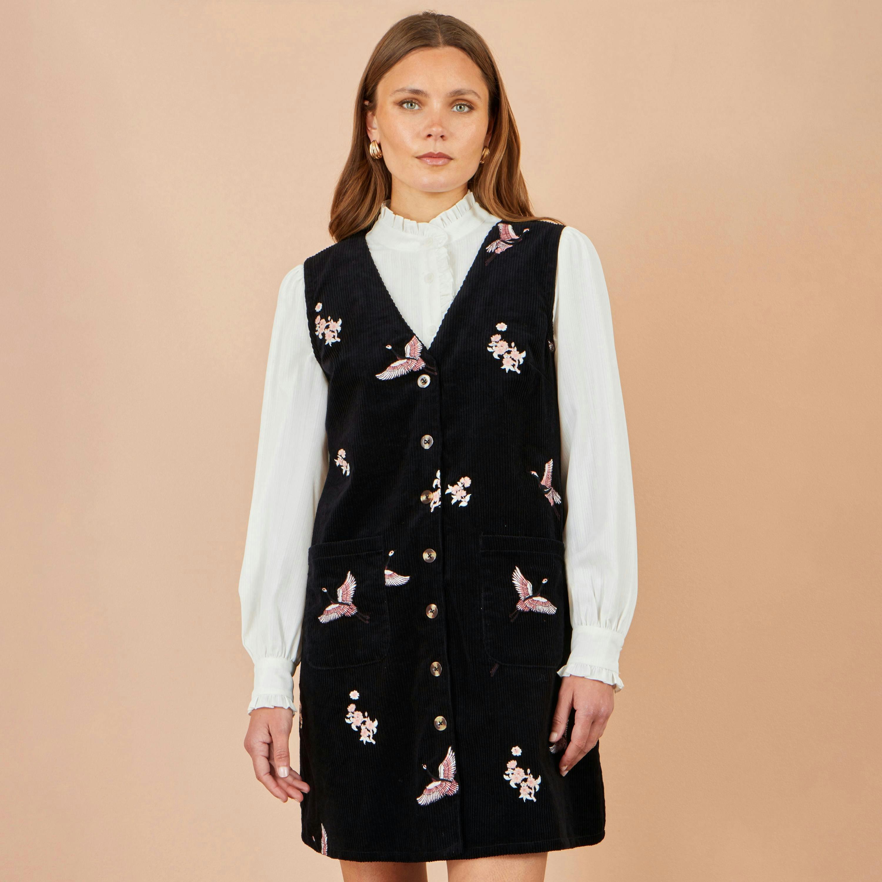 Yumi Black Crane Embroidery Button Up Pinafore Dress , view 2 of 5