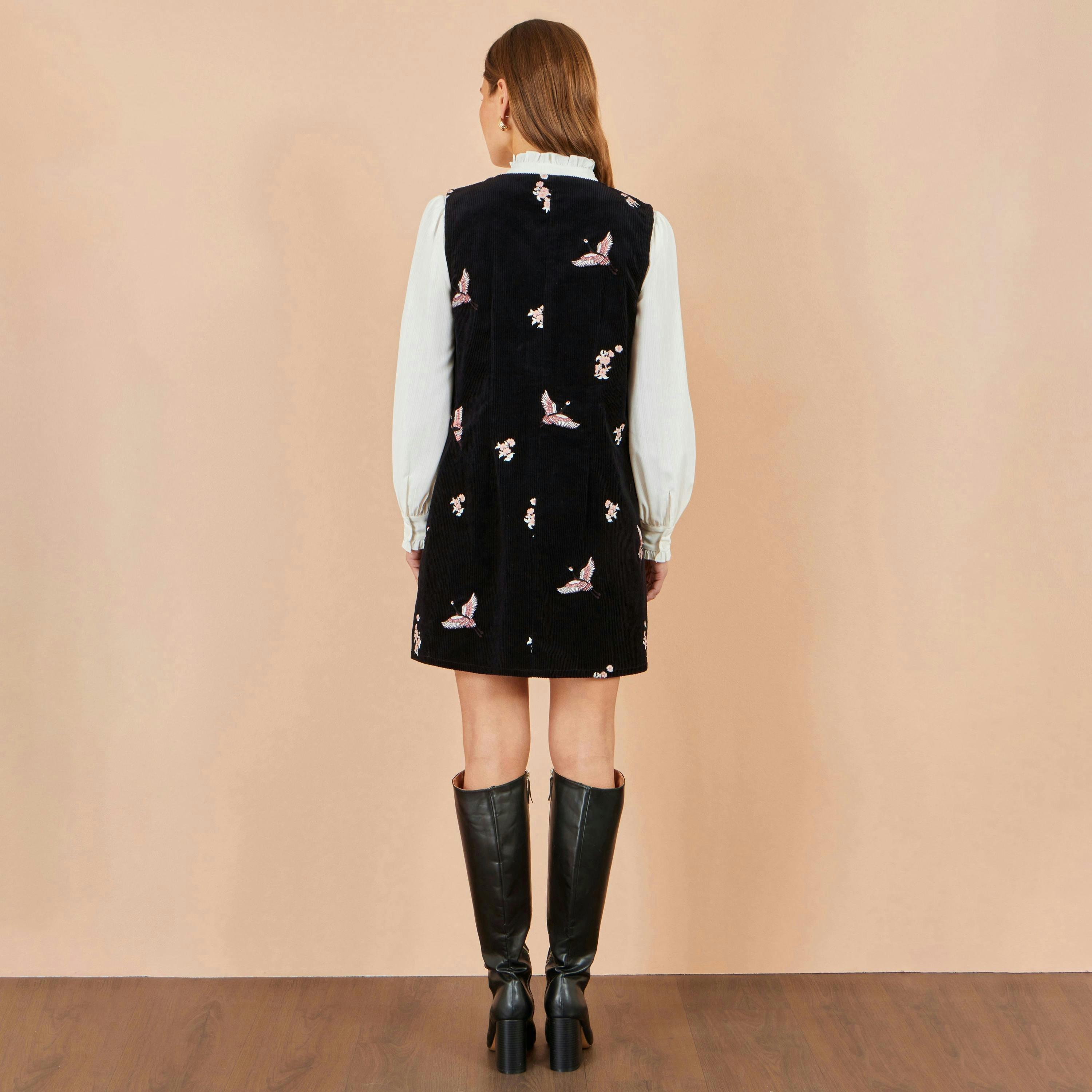 Yumi Black Crane Embroidery Button Up Pinafore Dress , view 4 of 5