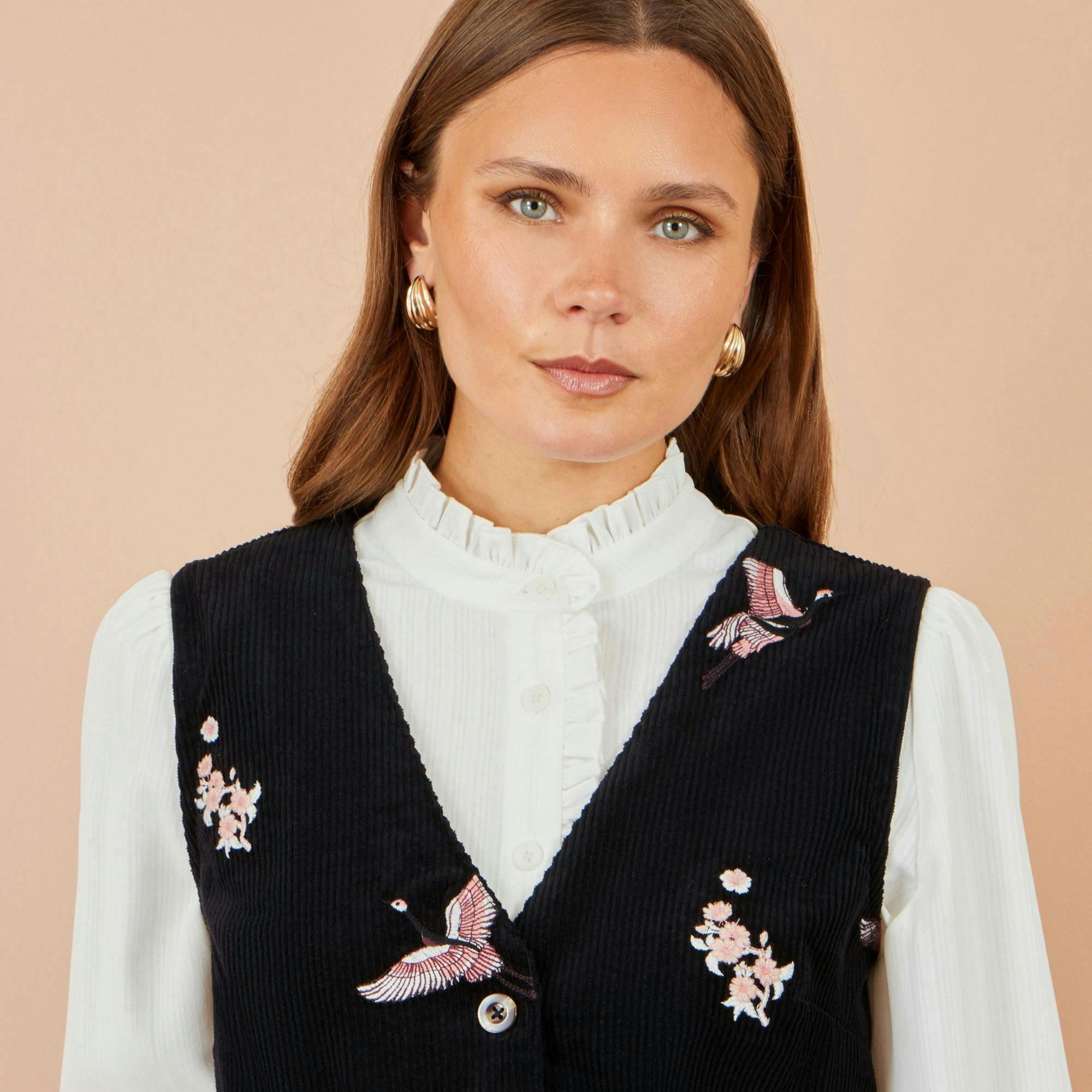 Yumi Black Crane Embroidery Button Up Pinafore Dress , view 5 of 5