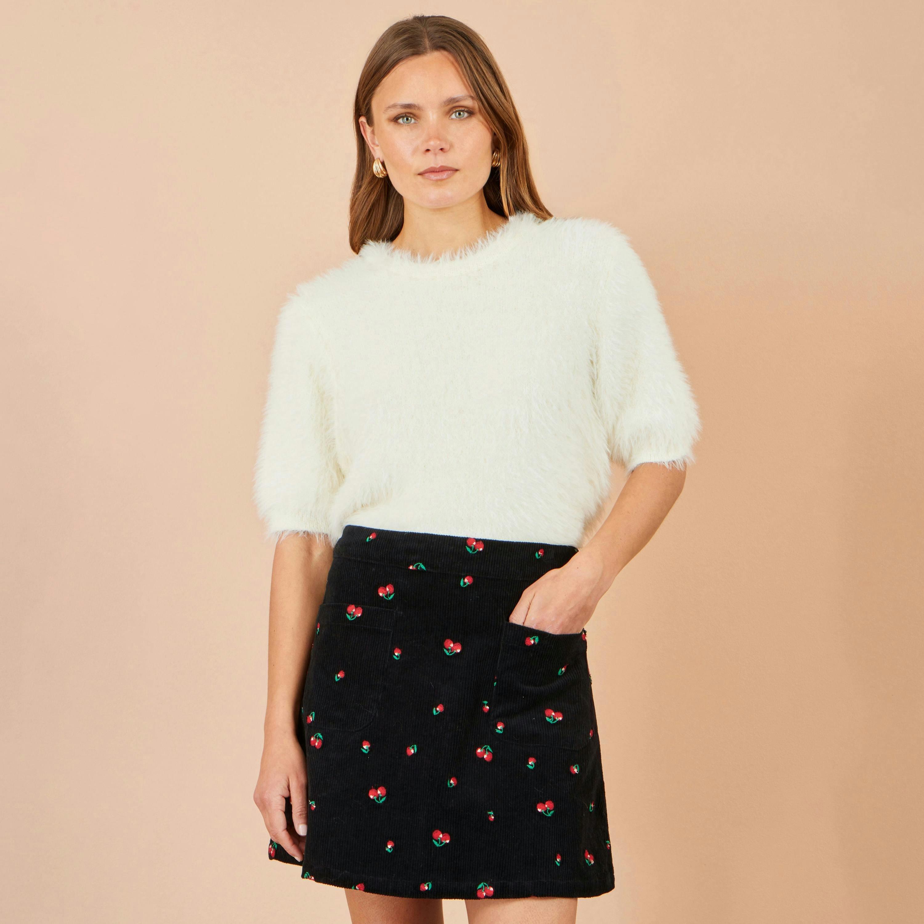 Yumi Black Cherry Embroidered Cord Mini Skirt , view 2 of 5