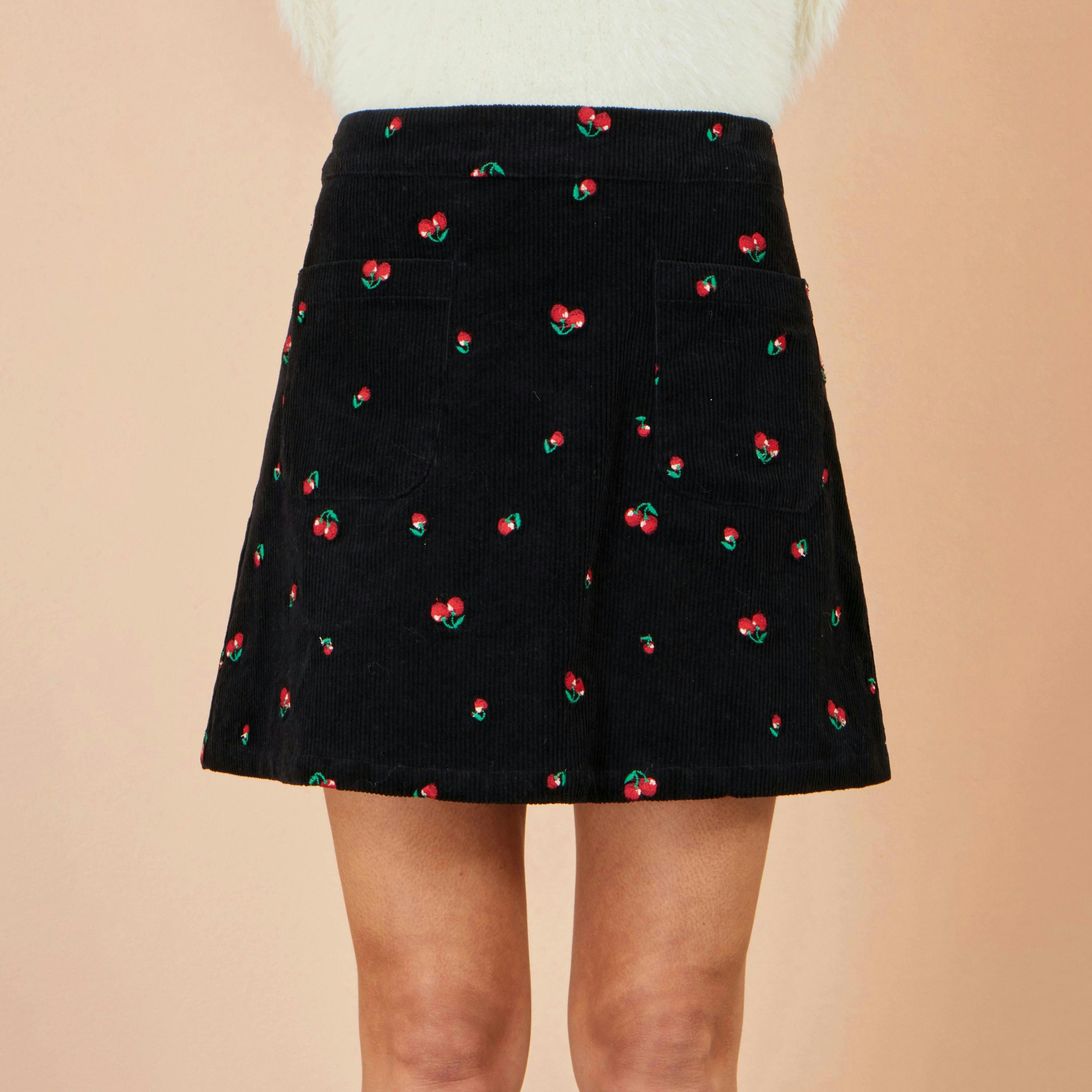 Yumi Black Cherry Embroidered Cord Mini Skirt , view 5 of 5