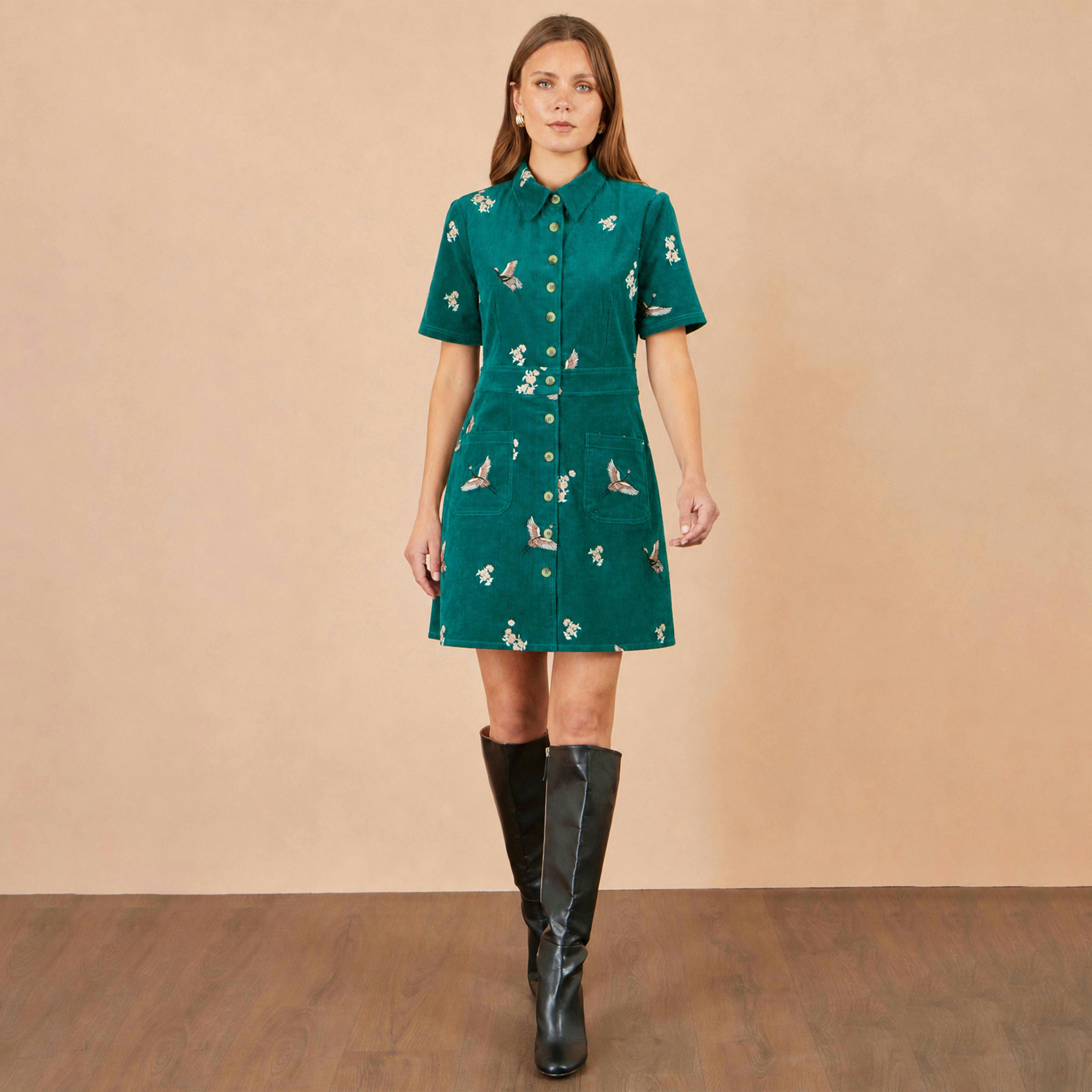 Yumi Teal Crane Embroidered Shirt Dress , view 2 of 4