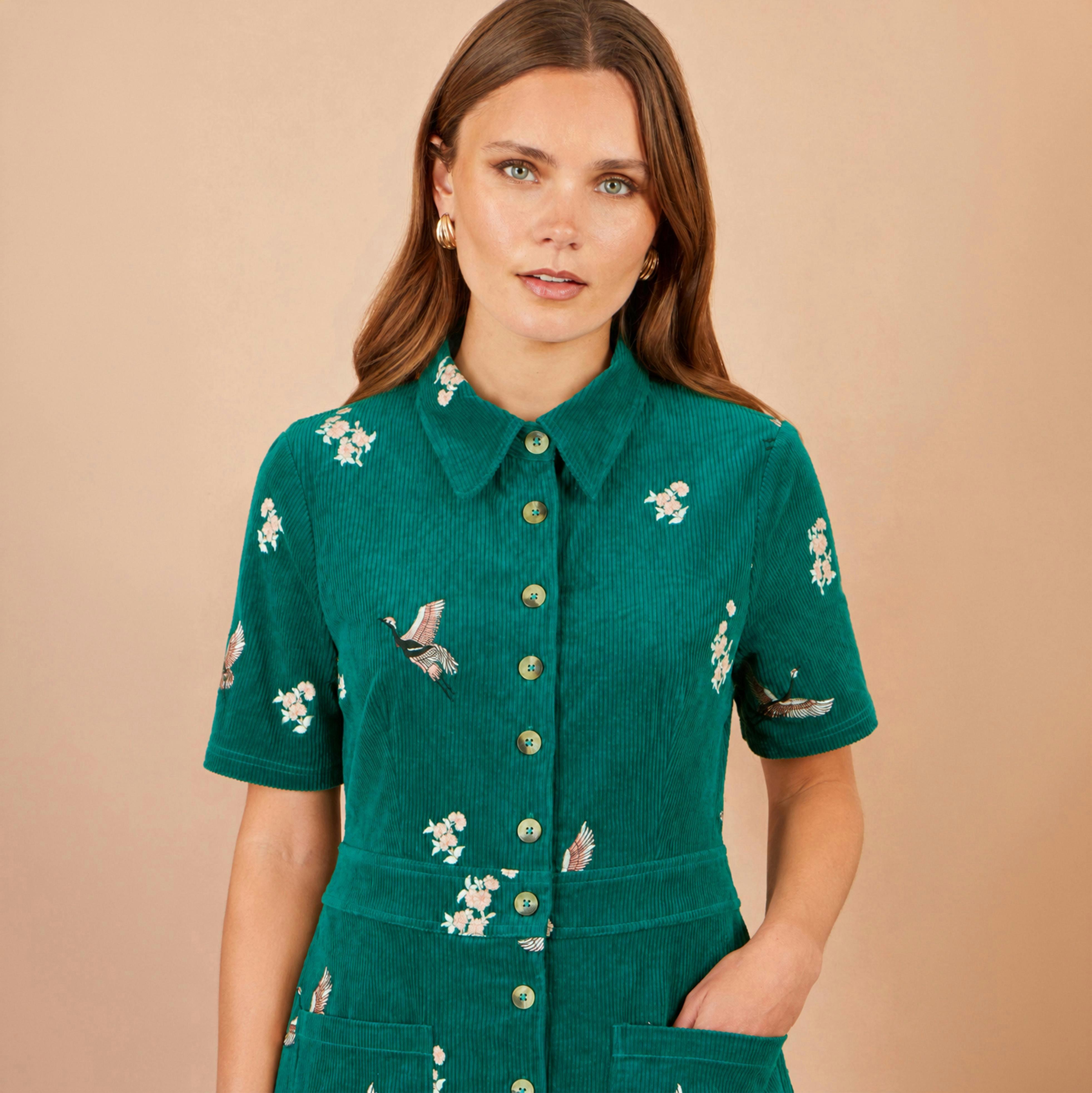 Yumi Teal Crane Embroidered Shirt Dress , view 4 of 4