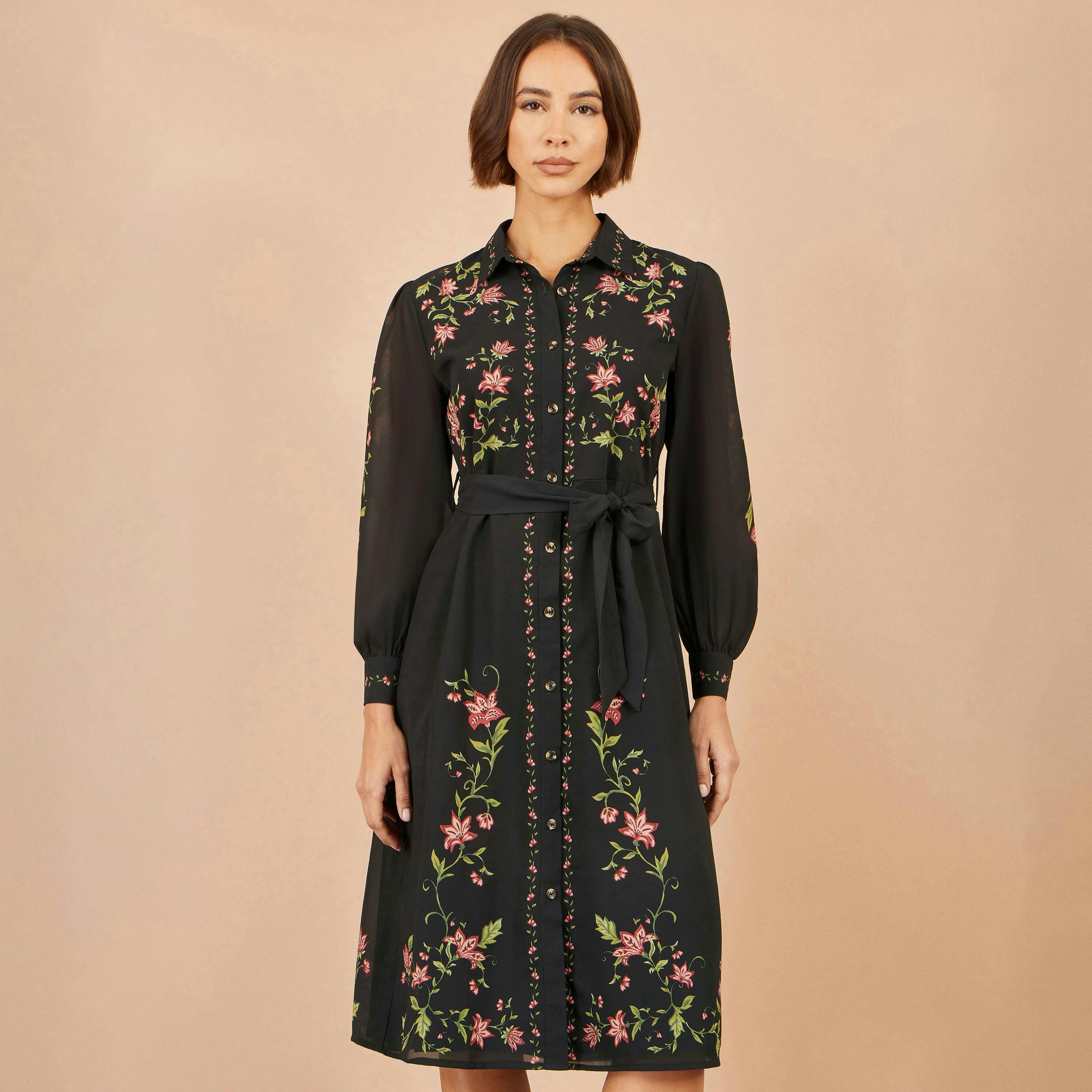 Yumi Black Floral Placement Midi Shirt Dress , view 2 of 6
