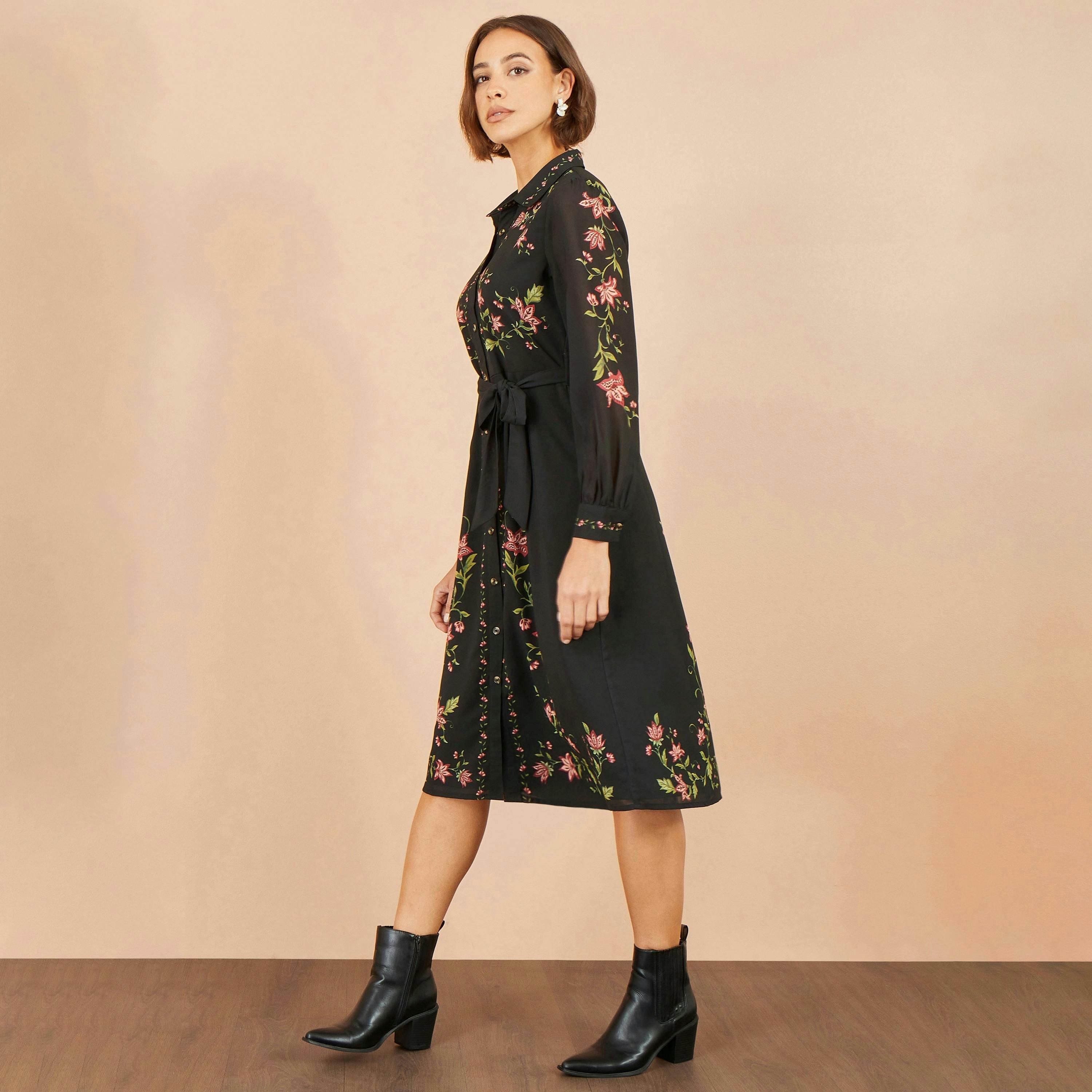 Yumi Black Floral Placement Midi Shirt Dress , view 3 of 6