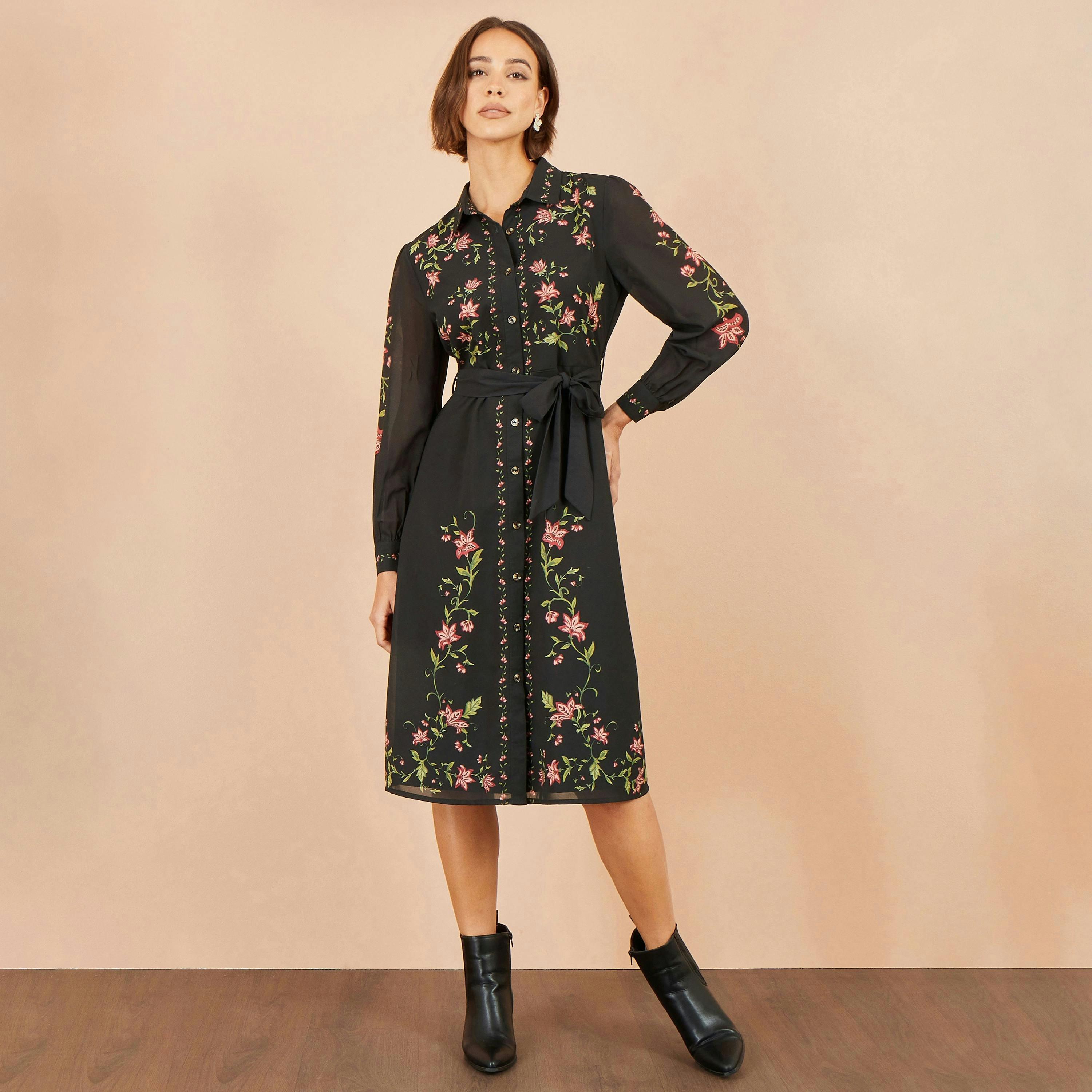 Yumi Black Floral Placement Midi Shirt Dress , view 4 of 6