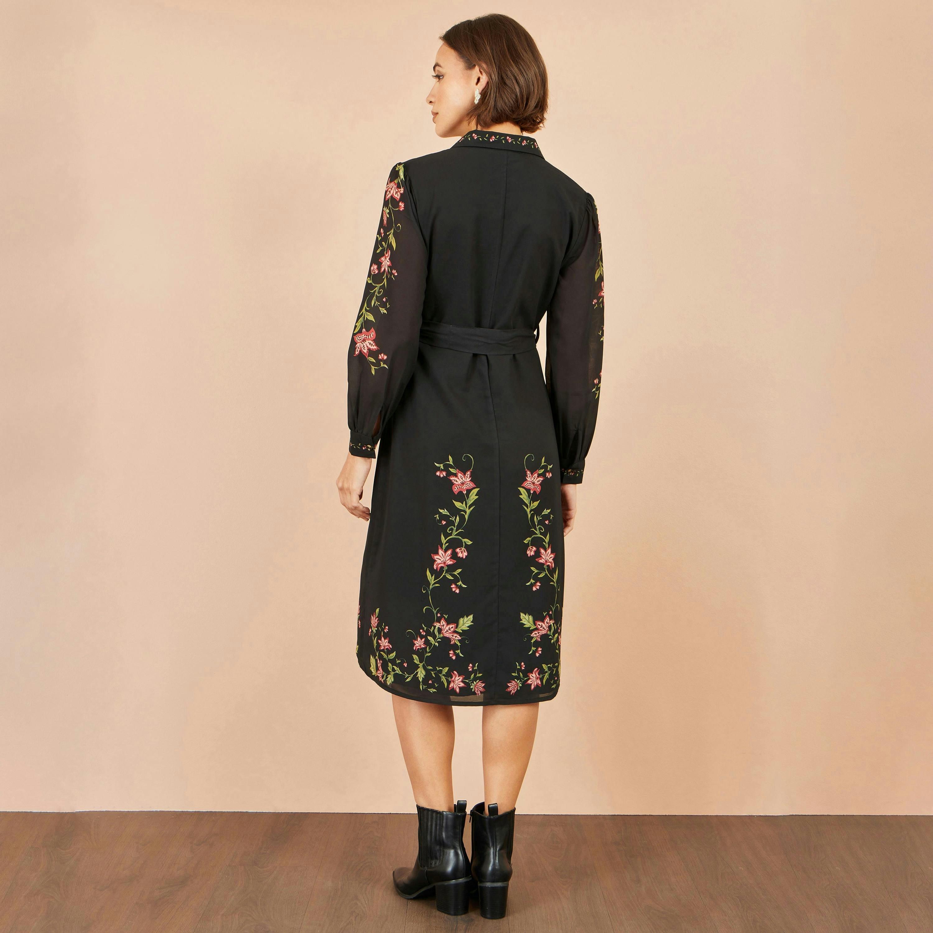 Yumi Black Floral Placement Midi Shirt Dress , view 5 of 6