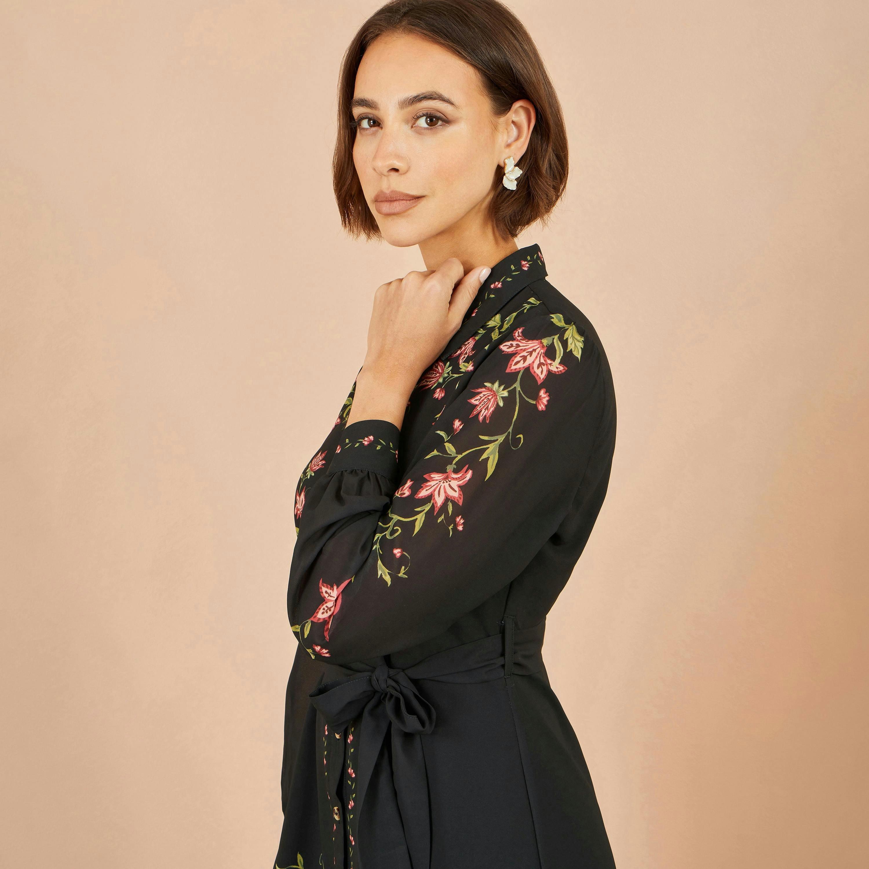 Yumi Black Floral Placement Midi Shirt Dress , view 6 of 6