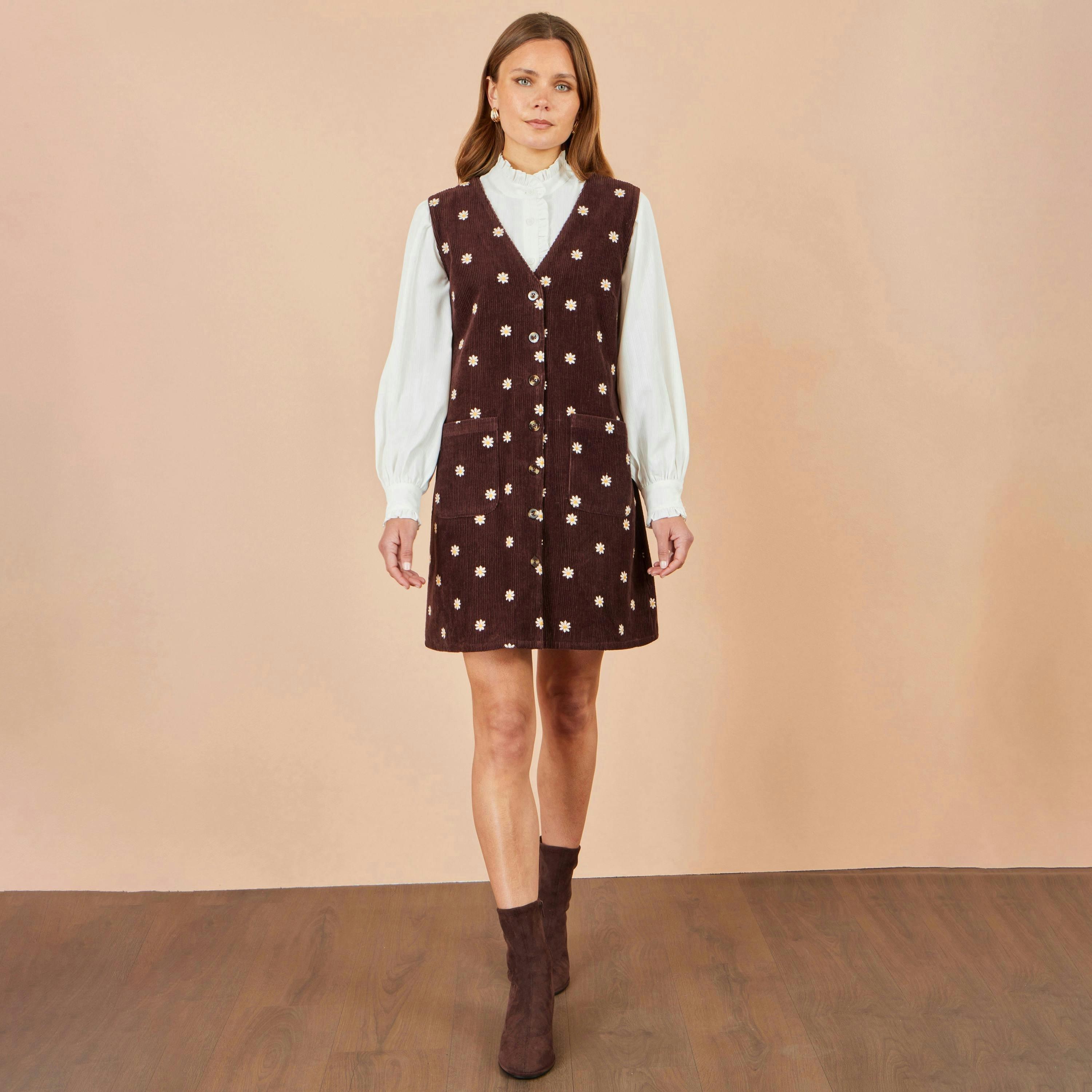 Yumi Brown Embroidered Daisy Pinafore Dress , view 2 of 5